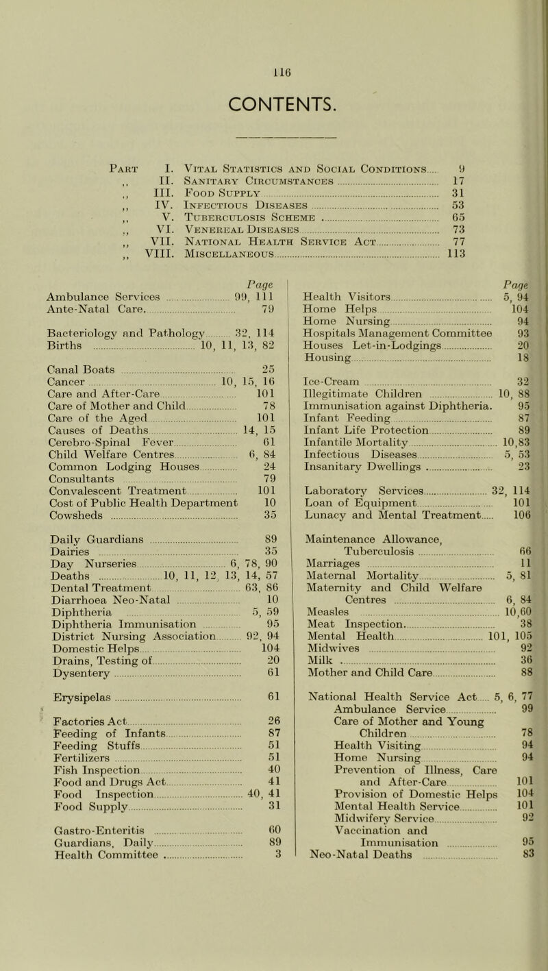 CONTENTS. Part I. Vital Statistics and Social Conditions .. !) ,, II. Sanitary Circumstances 17 ,, III. Food Supply 31 „ IV. Infectious Diseases 53 ,, V. Tuberculosis Scheme 65 ,, VI. Venereal Diseases 73 ,, VII. National Health Service Act 77 ,, VIII. Miscellaneous 113 Page Ambulance Sorvice.s 99, 111 Ante-Natal Care. 79 Bacteriologv and Pathology 32, 114 Births 10, 11, 13, 82 Canal Boats 25 Cancer 10, 15, 16 Care and Aftor-Care 101 Care of Mother and Child 78 Care of the Aged 101 Causes of Deaths 14, 15 Cerobro-Spinal Fever 61 Child Welfare Centres 6, 84 Common Lodging Houses 24 Consultants 79 Convalescent Treatment 101 Cost of Public Health Department 10 Cowsheds 35 Page Health Visitors 5, 94 Home Helps 104 ! Home Nursing 94 I Hospitals Management Committee 93 Houses Let-in-Lodgings 20 Housing 18 Ice-Cream 32 Illegitimate Children 10, 88 Immimisation against Diphtheria. 95 Infant Feeding 87 Infant Life Protection 89 Infantile Mortality 10,83 Infectious Diseases 5, 53 Insanitary Dwellings 23 Laboratory Services 32, 114 Loan of Equipment 101 Lunacy and Mental Treatment 106 Daily Guardians 89 Dairies 35 C4A OV/X V»j * '-'j Deaths 10, 11, 12, 13, 14, 57 Dental Treatment 63, 86 Diarrhoea Neo-Natal 10 Diphtheria 5, 59 Diphtheria Immunisation 95 District Nursing Association 92, 94 Domestic Helps 104 Drains, Testing of 20 Dysentery 61 Maintenance Allowance, Tuberculosis 66 Marriages 11 Maternal Mortality 5, 81 Maternity and Child Welfare Centres 6, 84 Measles 10,60 Meat Inspection. 38 Mental Health 101, 105 Midwives 92 Milk 36 Mother and Child Care 88 Erysipelas 61 Factories Act 26 Feeding of Infants 87 Feeding Stuffs 51 Fertilizers 51 Fish Inspection 40 Food and Drugs Act 41 Food Inspection 40, 41 Food Supply 31 Gastro-Enteritis (iO Guardians, Daily 89 Health Committee 3 National Health Service Act . 5, 6, 77 Ambulance Service 99 Care of Mother and Young Children 78 Health Visiting 94 Home Nursing 94 Prevention of Illness, Care and After-Care 101 Provision of Domestic Helps 104 Mental Health Service 101 Midwifery Service 92 Vaccination and Immunisation 95 Neo-Natal Deaths 83