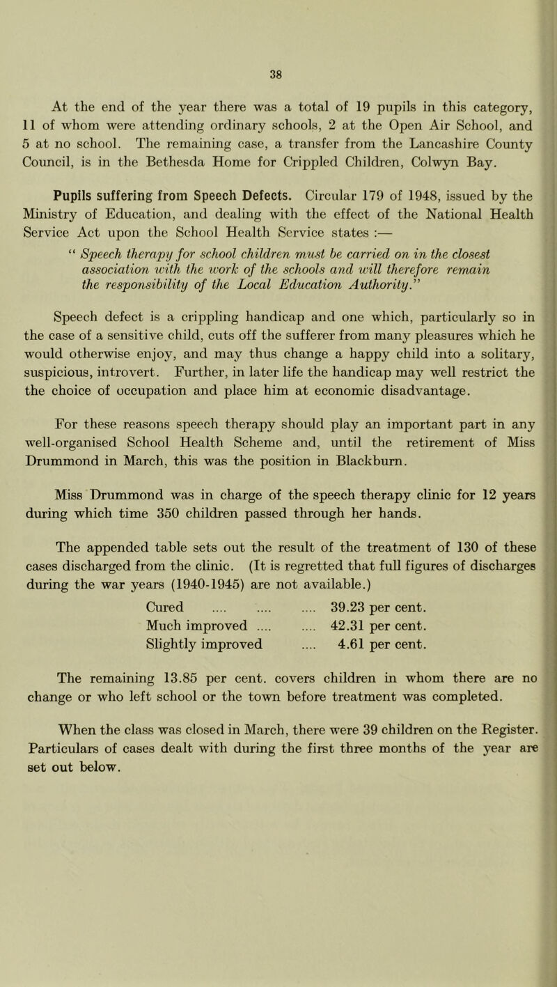 At the end of the year there was a total of 19 pupils in this category, 11 of whom were attending ordinary schools, 2 at the Open Air School, and 5 at no school. The remaining case, a transfer from the Lancashire County Council, is in the Bethesda Home for Crippled Children, Colwyn Bay. Pupils suffering from Speech Defects. Circular 179 of 1948, issued by the Ministry of Education, and dealing with the effect of the National Health Service Act upon the School Health Service states ;— “ Speech therapy for school children must be carried on in the closest association with the work of the schools and will therefore remain the responsibility of the Local Education Authority ” Speech defect is a crippling handicap and one which, particularly so in ;• the case of a sensitive child, cuts off the sufferer from many pleasures which he j would otherwise enjoy, and may thus change a happy child into a solitary, ; suspicious, introvert. Further, in later life the handicap may well restrict the the choice of occupation and place him at economic disadvantage. For these reasons speech therapy should play an important part in any well-organised School Health Scheme and, imtil the retirement of Miss Drummond in March, this was the position in Blackburn. Miss Drummond was in charge of the speech therapy clinic for 12 years during which time 350 children passed through her hands. The appended table sets out the result of the treatment of 130 of these cases discharged from the clinic. (It is regretted that full figures of discharges during the war years (1940-1945) are not available.) Cured 39.23 per cent. Much improved .... .... 42.31 per cent. Slightly improved .... 4.61 per cent. The remaining 13.85 per cent, covers children in whom there are no change or who left school or the town before treatment was completed. When the class was closed in March, there were 39 children on the Register. Particulars of cases dealt with during the first three months of the year are | set out below.
