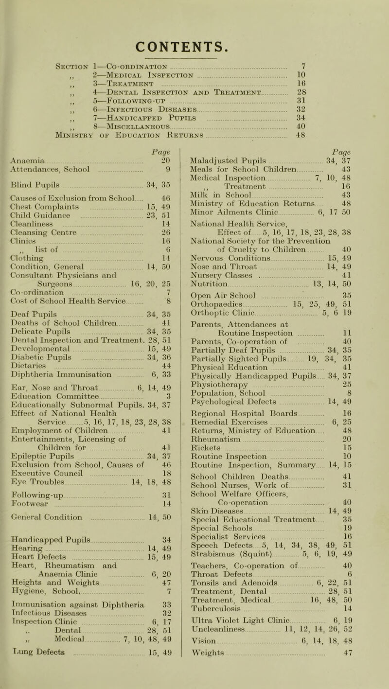 CONTENTS Section 1—Co-ordination „ 2—Medical Inspection ,, 3—Treatment „ 4—Dental Inspection and Treatment. „ 5—Following-up „ G—Infectious Diseases ,, 7—Handicapped Pupils ,, 8—Miscellaneous Ministry of Education Returns Page Anaemia 20 Attendances, School 9 Blind Pupils 34, 35 Causes of Exclusion from School . 4G Chest Complaints . 15, 49 Child Guitlance . 23, 51 Cleanliness 14 Cleansing Centre 26 i Clinics . - 16 ,, list of G Clothing 14 Condition, General 14, .50 Consultant Physicians and i Surgeons 16. 20, 25 Co-ordination 7 Cost of School Health Service 8 Deaf Pupils .34, 35 Deaths of School Children 41 Delicate Pupils 34. 35 Dental Inspection and Treatment. 28, 51 Developmental . 15, 49 Diabetic Pupils 34, 36 Dietaries 44 Diphtheria Immunisation 6, 33 Ear, Nose and Throat 6, 14, 49 Education Committee 3 Educationally Subnormal Pupils. 34 37 Effect of National Health Service 5, 16, 17, 18 23, 28, 38 Employment of Children 41 Entertainments, Licensing of Children for 41 Epileptic Pupils 34, 37 Exclusion from School, Causes of 46 Executive Council 18 Eve Troubles 14, 18, 48 Following-up 31 Footwear 14 General Condition . 14, 50 Handicapped Pupils .34 Hearing . 14 49 Heart Defects 15,’ 49 Heart, Rheumatism and Anaemia Clinic G 20 Heights and Weights 47 Hygiene, School. 7 Immunisation against Diphtheria 33 Infectious Diseases .32 Inspection Clinic G, 17 ,. Dental 28, 51 ,, Medical .7, 10, 48, 49 Lung Defects . 15, 49 7 10 )G 28 31 32 34 40 48 Page Maladjusted Pupils 34, 37 Meals for Sehool Children 43 Medical Inspection 7, 10, 48 ,, Treatment IG Milk in School 43 Ministry of Education Returns 48 Minor Ailments Clinic G, 17 50 National Health Service, Effect of 5, IG, 17, 18, 23, 28, 38 National Society for the Prevention of Cruelty to Children 40 Nervous Conditions 15, 49 Nose and Throat 14, 49 Nursery Classes 41 Nutrition 13, 14, 50 Open Air School 35 Orthopaedics 15, 25, 49, 51 Orthoptic Clinic 5, 6 19 Parents, Attendances at Routine Inspection 11 Parents, Co-operation of 40 Partially Deaf Pupils 34, 35 Partially Sighted Pupils 19, 34, 35 Physical Education 41 Physically Handicapped Pupils 34, 37 Physiotherapy 25 Population, School 8 Psychological Defects 14, 49 Regional Hospital Boards 16 Remedial Exercises 6, 25 Returns, Ministry of Education 48 Rheumatism 20 Rickets 15 Routine Inspection 10 Routine Inspection, Summary 14, 15 School Children Deaths 41 School Nurses, Work of 31 School Welfare Officers, Co-operation 40 Skin Diseases 14, 49 Special Educational Treatment 35 Special Schools 19 Specialist Services IG Speech Defects 5, 14, 34, 38, 49, 51 Strabismus (Squint) 5, G, 19, 49 Teachers, Co-operation of 40 Throat Defects 6 Tonsils and Adenoids G, 22, 51 Treatment, Dental 28, 51 Treatment, Medical IG, 48, 50 Tuberculosis 14 Ultra Violet Light Clinic G, 19 Uncleanliness 11, 12, 14, 2G, 52 Vision G, 14, 18, 48 Weiglits +7