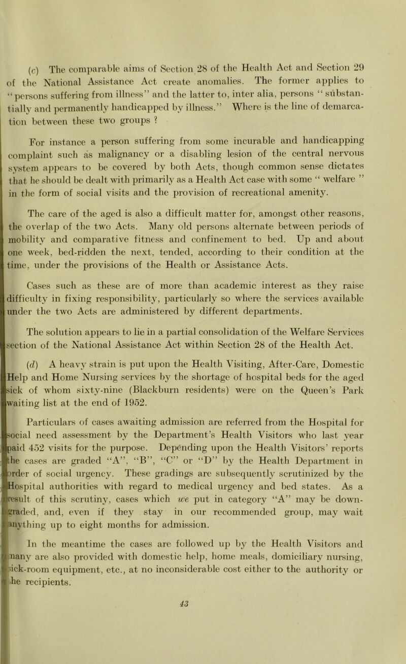 (r) The comparable aims of Section 28 of the Health Act and Section 21) of the National Assistance Act create anomalies. The former ai)plies to “persons suffering from illness” and the latter to, inter alia, persons “ substan- tially and permanently handicapped by illness.” Where is the line of dcmarea- tion between these two groujjs ? For instance a person suffering from some incurable and handicajjping complaint such as malignancy or a disabling lesion of the central nervous system aj^pcars to be covered by both Acts, though common sense dictates that he should be dealt with primarily as a Health Act case with some “ welfare ” in the form of social visits and the provision of recreational amenity. The care of the aged is also a difficult matter for, amongst other reasons, the overlaj] of the two Acts. Many old persons alternate between j^eriods of mobility and comparative fitness and confinement to bed. Up and about one week, bed-ridden the next, tended, according to their condition at the time, under the provisions of the Health or Assistance Acts. Cases such as these are of more than academic interest as they raise difficulty in fixing responsibility, particularly so where the services available under the two Acts are administered by different departments. The solution ajjpears to lie in a partial consolidation of the Welfare Services section of the National Assistance Act within Section 28 of the Health Act. ((/) A heavy strain is put upon the Health Visiting, After-Care, Domestic Help and Home Nursing services by the shortage of hospital beds for the aged sick of whom sixty-nine (Blackburn residents) were on the Queen’s Park waiting list at the end of 1952. Particulars of cases aAvaiting admission are referred from the H/Jspital for social need assessment by the Department’s Health Visitors who last year paid 452 visits for the purpose. Depending upon the Health Visitors’ reports the cases are graded “A”, “B”, “C” or “D” by the Health Dejjartment in Drder of social urgency. These gradings are subsequently scrutinized by the Hospital authorities with regard to medical urgency and bed states. As a result of this scrutiny, cases which we put in category “A” may be down- ilgraded, and, even if they stay in our recommended group, may wait .anything up to eight months for admission. In the meantime the cases are follower! up by the Health Visitors and many are also provided with domestic helji, home meals, domiciliary nursing, ■ lick-room equipment, etc., at no inconsiderable cost either to the authority or ■he recipients. 43 i