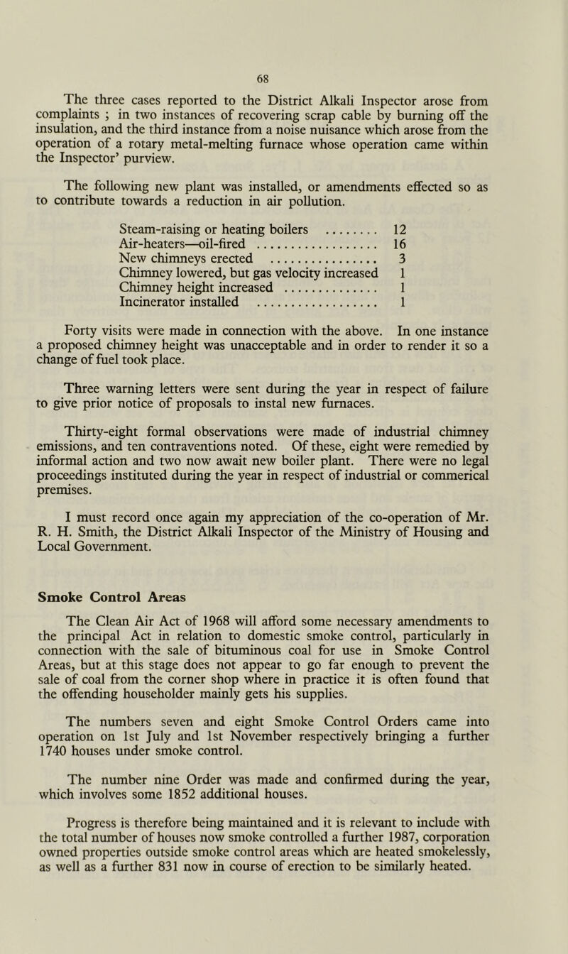 The three cases reported to the District Alkali Inspector arose from complaints ; in two instances of recovering scrap cable by burning off the insulation, and the third instance from a noise nuisance which arose from the operation of a rotary metal-melting furnace whose operation came within the Inspector’ purview. The following new plant was installed, or amendments effected so as to contribute towards a reduction in air pollution. Steam-raising or heating boilers 12 Air-heaters—oil-fired 16 New chimneys erected 3 Chimney lowered, but gas velocity increased 1 Chimney height increased 1 Incinerator installed 1 Forty visits were made in connection with the above. In one instance a proposed chimney height was unacceptable and in order to render it so a change of fuel took place. Three warning letters were sent during the year in respect of failure to give prior notice of proposals to instal new furnaces. Thirty-eight formal observations were made of industrial chimney emissions, and ten contraventions noted. Of these, eight were remedied by informal action and two now await new boiler plant. There were no legal proceedings instituted during the year in respect of industrial or commerical premises. I must record once again my appreciation of the co-operation of Mr. R. H. Smith, the District Alkali Inspector of the Ministry of Housing and Local Government. Smoke Control Areas The Clean Air Act of 1968 will afford some necessary amendments to the principal Act in relation to domestic smoke control, particularly in connection with the sale of bituminous coal for use in Smoke Control Areas, but at this stage does not appear to go far enough to prevent the sale of coal from the corner shop where in practice it is often found that the offending householder mainly gets his supplies. The numbers seven and eight Smoke Control Orders came into operation on 1st July and 1st November respectively bringing a further 1740 houses under smoke control. The number nine Order was made and confirmed during the year, which involves some 1852 additional houses. Progress is therefore being maintained and it is relevant to include with the total number of houses now smoke controlled a further 1987, corporation owned properties outside smoke control areas which are heated smokelessly, as well as a further 831 now in course of erection to be similarly heated.