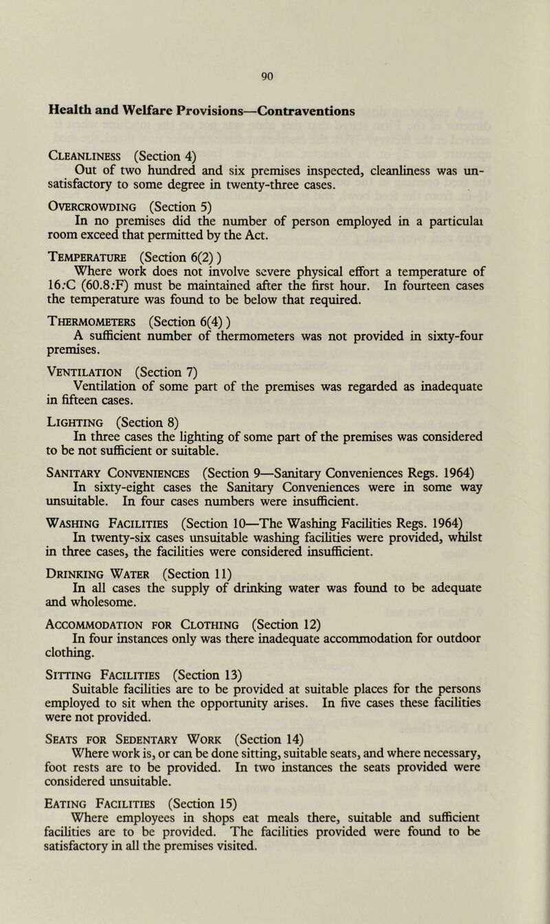 Health and Welfare Provisions—Contraventions Cleanliness (Section 4) Out of two hundred and six premises inspected, cleanliness was un- satisfactory to some degree in twenty-three cases. Overcrowding (Section 5) In no premises did the number of person employed in a particulai room exceed that permitted by the Act. Temperature (Section 6(2)) Where work does not involve severe physical effort a temperature of 16;C (60.8.-F) must be maintained after the first hour. In fourteen cases the temperature was found to be below that required. Thermometers (Section 6(4)) A sufficient number of thermometers was not provided in sixty-four premises. Ventilation (Section 7) Ventilation of some part of the premises was regarded as inadequate in fifteen cases. Lighting (Section 8) In three cases the lighting of some part of the premises was considered to be not sufficient or suitable. Sanitary Conveniences (Section 9—Sanitary Conveniences Regs. 1964) In sixty-eight cases the Sanitary Conveniences were in some way imsuitable. In four cases numbers were insufficient. Washing Facilities (Section 10—The Washing Facilities Regs. 1964) In twenty-six cases unsuitable washing facilities were provided, whilst in three cases, the facilities were considered insufficient. Drinking Water (Section 11) In all cases the supply of drinking water was foimd to be adequate and wholesome. Accommodation for Clothing (Section 12) In four instances only was there inadequate accommodation for outdoor clothing. Sitting Facilities (Section 13) Suitable facilities are to be provided at suitable places for the persons employed to sit when the opportunity arises. In five cases these facilities were not provided. Seats for Sedentary Work (Seaion 14) Where work is, or can be done sitting, suitable seats, and where necessary, foot rests are to be provided. In two instances the seats provided were considered unsuitable. Eating Facilities (Section 15) Where employees in shops eat meals there, suitable and sufficient facilities are to be provided. The facilities provided were found to be satisfactory in all the premises visited.