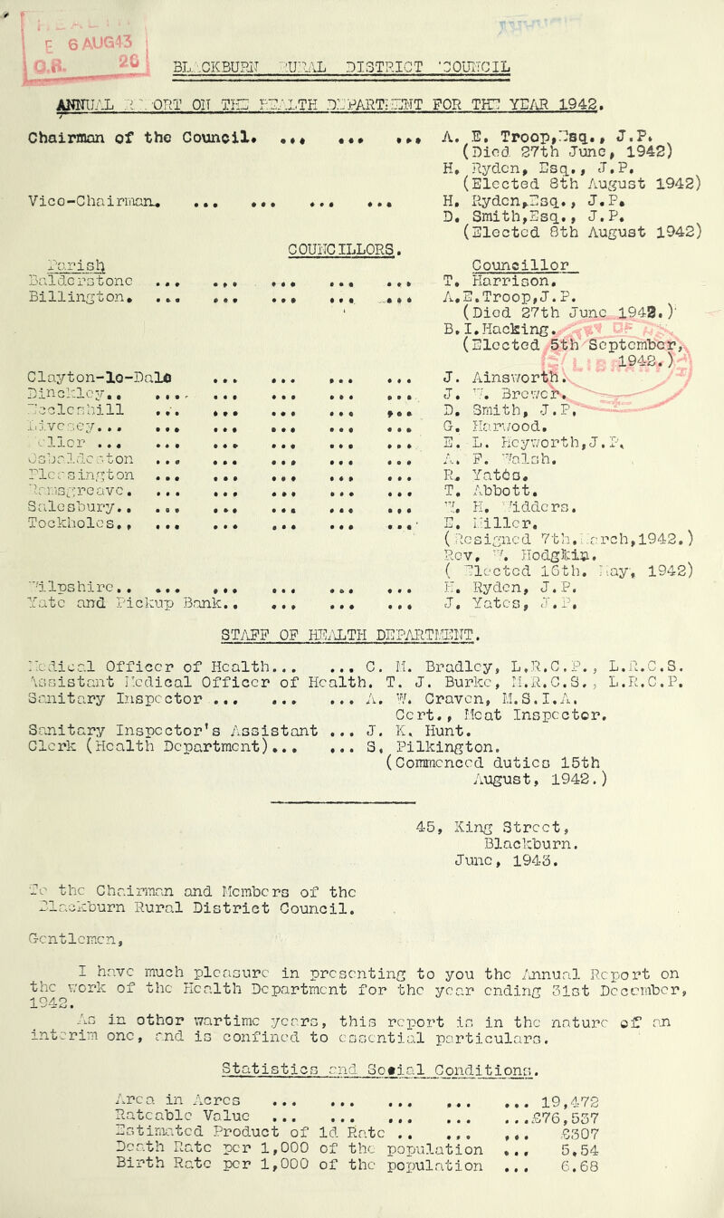 3L....CKBURII DISTRICT '30UITCIL \ F 6 AUG43 10^8- AMIJAL rr. ORT OIT Till: RDALTH DARART-iHWT FOR THR YEAR 1942. ■r ' — ' ■ ■ ' Chairoon of the Council* • •« « « » • * • A. E. Troop,Esg., J.P* (Died 27th June, 1942) H. Ryden, Esq.., J.P. (Elected 8th August 1942) Vic 0 -G ha i rrnan. Parish • • • • GOUilCILLORS. H, Ryden,.Esq.., J.P* D. Smith,Esq., J.P. (Sleeted 8th August 1942) Gouncillor Dalderstone • ♦ • • # • t • • • « » T. Harrison, Billington, ... # • • • • • • * A. E.Troop,J.P. (Died 27th June 1942.)' B. I.Hacking. (Elected 5th September, ,A . 1942.) Clayton-lo-Dale • • » • t « » • • • t • J. Ainsworth.. i>i.nG-i-lc^/ •. .. • r • t t • • • • • t • t ft J. ’'A Brewer, - Ecclc shill • » • « • • t • • »• * D. Smith, J.P, A I J. VC !'J (p # • • • • • t * • • » • • • • ft ft ft G, Har\/ood, '.'Her t • » • t « • • • ft ft ft E. L. Heywort h, J. Ip Osbaldcaton ,.• • • • • • » • t t ft ft ft A. F, Voish. -''lea sing ton ... t • • • • • • « » ft ft ft R. Yatbs, Raiosgreavc, ... • t t • • • • t • ft ft ft T, Abbott, Salcsbury • • « • a c • ft ft ’h, H, 'Hdders. Tockholcs,, ... • • • • • • • # • -ft. ft • ' E, I.allcr. ( Re s igne d 71 , I ..a r c h, 1942,) Rev, ’A Hodgkin, ( Elected 16th, Iiay, 1942) ■■■ilpshire • • • « • • • » • ft ft ft E. Ryden, J.P. Yatc and Pickup Bank.. • t • t • # ft ft ft J, Yates, J.P, STAFF OF EFTJ.TH DEPARTMENT. McAicc.l Officer of Health C. li. Bradley, L.R.C.P., L.R.C.S. \Gsistant r.edical Officer of Health. T. J. Bui’ke, II.R.G.S,, L.R.C.P. Sanitary Inspector ... A. W. Graven, M.S.I.A. Gert., Heat Inspector. Sraiitary Inspector’s Assistant ... J. K, Hunt. Glerk (Health Department), 3, Pilkington. (Gommenced duties 15th August, 1942.) To the Ghairman and Members of the Plaokburn Rural District Council. Gentlemen, 45, King Street, Blackburn. June, 1943. I have much pleasure in presenting to you the /uinual Report on the v.'ork of the Health Department for the year ending Gist December, 1 QAO -L iu 9 As in othor wartime years, this rei^or interim one, and is confined to essential t is in the nature particulars. of an Statistics and Social Gonditions. Arc a in Acres ... ... Rateable Value Estima.tcd Product of Id Rate Death Rate per 1,000 of the Birth Rate per 1,000 of the • • • It « • i • • • • • • • • t • population population ... 19,472 ...£76,537 ,♦. £307 ,.. 5.54 ... 6.68