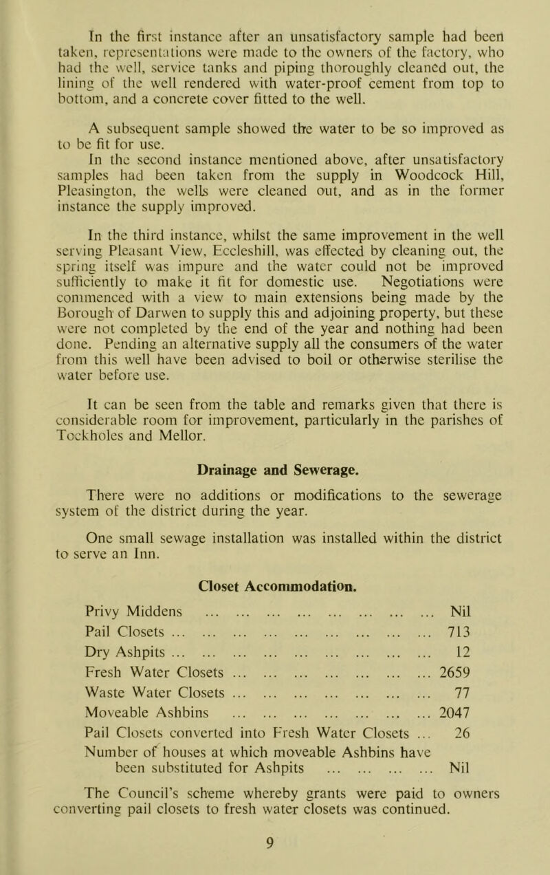 In the first instance after an unsatisfactory sample had been taken, representaiions were made to the owners of the factory, who had the well, service tanks and piping thoroughly cleaned out, the lining of the well rendered with water-proof cement from top to bottom, and a concrete cover fitted to the well. A subsequent sample showed the water to be so improved as to be fit for use. In the second instance mentioned above, after unsatisfactory samples had been taken from the supply in Woodcock Hill, Plcasington, the wells were cleaned out, and as in the former instance the supply improved. In the third instance, whilst the same improvement in the well serving Pleasant View, Eccleshill, was effected by cleaning out, the spring itself was impure and the water could not be improved sufficiently to make it fit for domestic use. Negotiations were commenced with a view to main extensions being made by the Borough of Darwen to supply this and adjoining property, but these were not completed by the end of the year and nothing had been done. Pending an alternative supply all the consumers of the water from this well have been advised to boil or otherwise sterilise the water before use. It can be seen from the table and remarks given that there is considerable room for improvement, particularly in the parishes of Tockholes and Mellor. Drainage and Sewerage. There were no additions or modifications to the sewerage system of the district during the year. One small sewage installation was installed within the district to serve an Inn. Closet Accommodation. Privy Middens Nil Pail Closets 713 Dry Ashpits 12 Fresh Water Closets 2659 Waste Water Closets 77 Moveable Ashbins 2047 Pail Closets converted into Fresh Water Closets ... 26 Number of houses at which moveable Ashbins have been substituted for Ashpits Nil The Council’s scheme whereby grants were paid to owners converting pail closets to fresh water closets was continued.