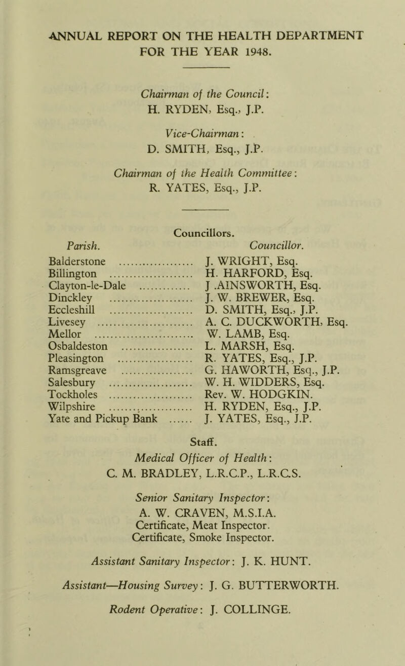 ANNUAL REPORT ON THE HEALTH DEPARTMENT FOR THE YEAR 1948. Chairman of the Council; H. RYDEN, Esq., J.P. Vice-Chairman: D. SMITH, Esq., J.P. Chairman of the Health Committee: R. YATES, Esq., J.P. Councillors. Parish. Councillor. Balderstone J. WRIGHT, Esq. Billington H. HARFORD, Esq. Clayton-le-Dale J .AINSWORTH, Esq. Dinckley J. W. BREWER, Esq. Eccleshill D. SMITH, Esq., J.P. Livesey A. C. DUCKWORTH, Esq. Mellor W. LAMB, Esq. Osbaldeston L. MARSH, Esq. Pleasington R. YATES, Esq., J.P. Ramsgreave G. HAWORTH, Esq., J.P. Saiesbury W. H. WIDDERS, Esq. Tockholes Rev. W. HODGKIN. Wilpshire H. RYDEN, Esq., J.P. Yate and Pickup Bank J. YATES, Esq., J.P. Staff. Medical Officer of Health: C. M. BRADLEY, L.R.C.P., L.R.CS. Senior Sanitary Inspector: A. W. CRAVEN, M.S.I.A. Certificate, Meat Inspector. Certificate, Smoke Inspector. Assistant Sanitary Inspector: J. K. HUNT. Assistant—Housing Survey: J. G. BUTTERWORTH. Rodent Operative: J. COLLINGE.