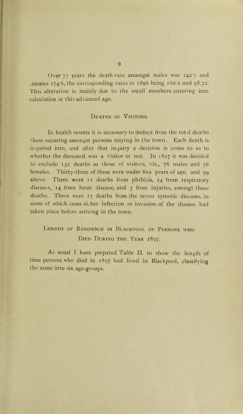 Over 75 years the death-rate amongst malts was I42‘5 and .eniales I74‘6, the corresponding rates in 1896 being i6o'2 and 98.72. 'I'his alteration is mainly due to the small numbers entering into calculation at this advanced age. De-vths of Visitors. In health resorts it is necessary to deduct from the total deaths those occuring amongst persons staying in the town. Each death is inquired into, and after that inquiry a decision is come to as to whether the deceased was a visitor or not. In 1897 it was decided to e.xclude 132 deaths as those of visitors, viz., 76 males and 56 females. Thirty-three of these were under five years of age, and 99 above. There were 11 deaths from phthisis, 24 from respiratory diseases, 14 from heart disease, and 5 from injuries, amongt these deaths. There were 17 deaths from the seven zymotic diseases, in some of which cases ei.her infection or invasion of the disease had taken place before arriving in the town. Length of RHSinENCE in Blackpool of Persons who Died During the Year 1897. As usual I have prepared Table II. to show the length of time persons who died in 1897 had lived in Blackpool, classifying the same into six age-groups.