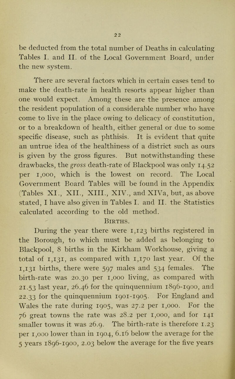 be deducted from the total number of Deaths in calculating Tables I. and II. of the Local Government Board, under the new system. There are several factors which in certain cases tend to make the death-rate in health resorts appear higher than one would expect. Among these are the presence among the resident population of a considerable number who have come to live in the place owing to delicacy of constitution, or to a breakdown of health, either general or due to some specific disease, such as phthisis. It is evident that quite an untrue idea of the healthiness of a district such as ours is given by the gross figures. But notwithstanding these drawbacks, the gross death-rate of Blackpool was only 14.52 per 1,000, which is the lowest on record. The Local Government Board Tables will be found in the Appendix (Tables XI., XII., XIII., XIV., and XlVa, but, as above stated, I have also given in Tables I. and II. the Statistics calculated according to the old method. Births. During the year there were 1,123 births registered in the Borough, to which must be added as belonging to Blackpool, 8 births in the Kirkham Workhouse, giving a total of 1,131, as compared with 1,170 last year. Of the 1,131 births, there were 597 males and 534 females. The birth-rate was 20.30 per 1,000 living, as compared with 21.53 last year, 26.46 for the quinquennium 1896-igoo, and 22.33 for the quinquennium 1901-1905. For England and Wales the rate during 1905, was 27.2 per 1,000. For the 76 great towns the rate was 28.2 per 1,000, and for 141 smaller towns it was 26.9. The birth-rate is therefore 1.23 per 1,000 lower than in 1904, 6.16 below the average for the 5 years 1896-1900, 2.03 below the average for the five years