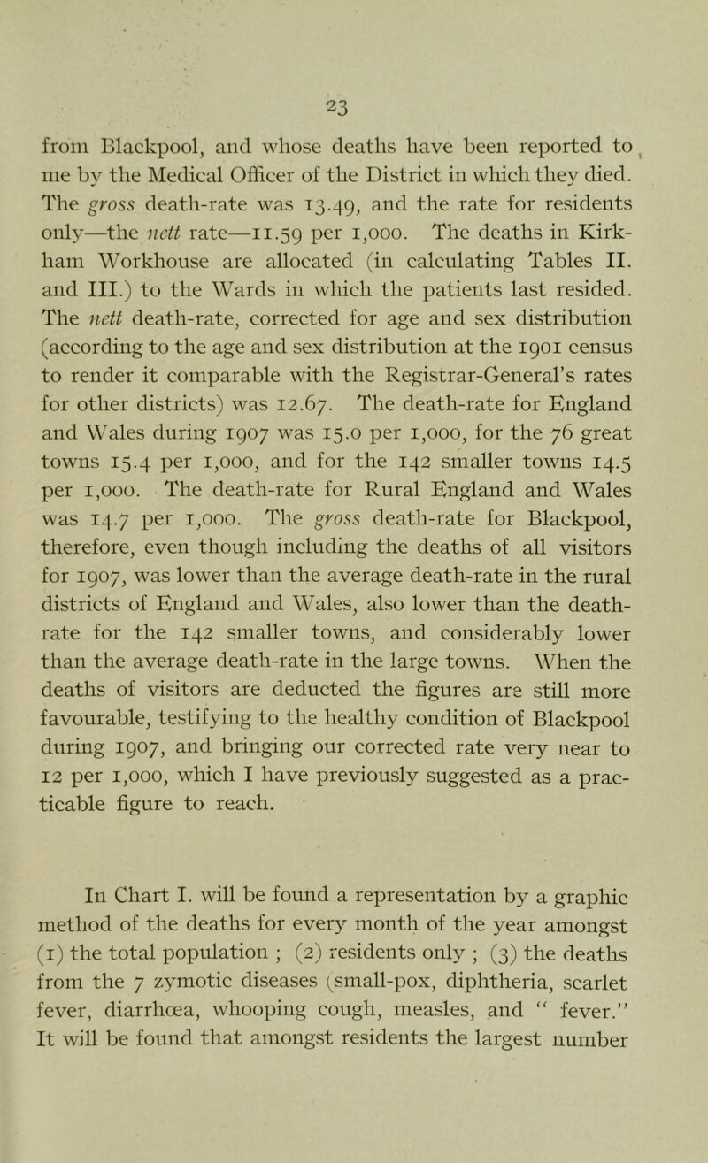 from Blackpool, and whose deaths have been reported to ^ me by the Medical Officer of the District in which they died. The gross death-rate was 13.49, ^^te for residents only—the nett rate—ii-59 per 1,000. The deaths in Kirk- ham Workhouse are allocated (in calculating Tables II. and III.) to the Wards in which the patients last resided. The nett death-rate, corrected for age and sex distribution (according to the age and sex distribution at the 1901 census to render it comparable with the Registrar-General’s rates for other districts) was 12.67. The death-rate for England and Wales during 1907 was 15.0 per 1,000, for the 76 great towns 15.4 per 1,000, and for the 142 smaller towns 14.5 per 1,000. The death-rate for Rural England and Wales was 14.7 per 1,000. The gross death-rate for Blackpool, therefore, even though including the deaths of all visitors for 1907, was lower than the average death-rate in the rural districts of England and Wales, also lower than the death- rate for the 142 smaller towns, and considerably lower than the average death-rate in the large towns. When the deaths of visitors are deducted the figures are still more favourable, testifying to the healthy condition of Blackpool during 1907, and bringing our corrected rate very near to 12 per 1,000, which I have previously suggested as a prac- ticable figure to reach. In Chart I. will be found a representation by a graphic method of the deaths for every month of the year amongst (i) the total population ; (2) residents only ; (3) the deaths from the 7 zy’-motic diseases (^small-pox, diphtheria, scarlet fever, diarrhoea, whooping cough, measles, and “ fever.” It will be found that amongst residents the largest number