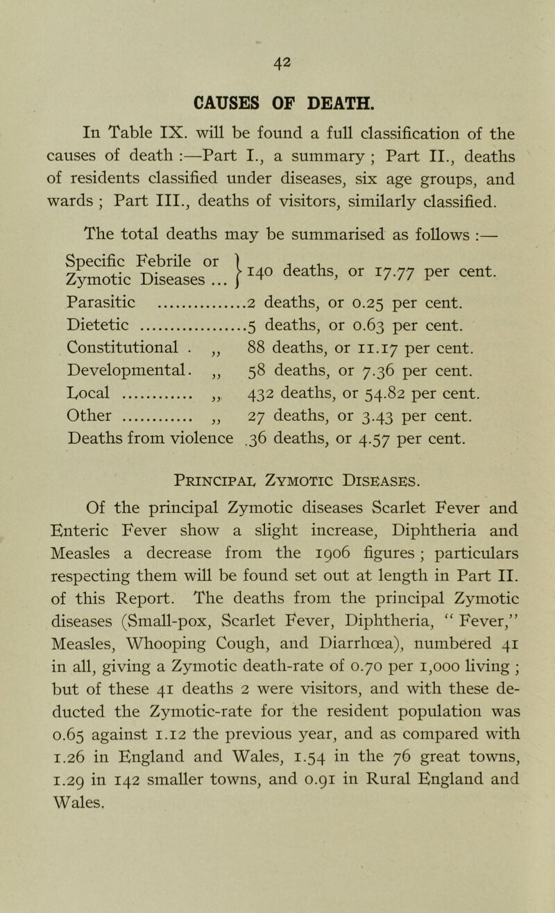 CAUSES OF DEATH. In Table IX, will be found a full classification of the causes of death :—Part I., a summary ; Part II., deaths of residents classified under diseases, six age groups, and wards ; Part III., deaths of visitors, similarly classified. The total deaths may be summarised as follows :— Specific Febrile or 1 Zymotic Diseases ... j Parasitic Dietetic Constitutional . „ Developmental. ,, Local „ Other „ Deaths from violence 140 deaths, or 17.77 cent. 2 deaths, or 0.25 per cent. 5 deaths, or 0.63 per cent. 88 deaths, or 11.17 per cent. 58 deaths, or 7.36 per cent. 432 deaths, or 54.82 per cent. 27 deaths, or 3.43 per cent. .36 deaths, or 4.57 per cent. Principai, Zymotic Diseases. Of the principal Zymotic diseases Scarlet Fever and Enteric Fever show a slight increase. Diphtheria and Measles a decrease from the 1906 figures; particulars respecting them will be found set out at length in Part II. of this Report. The deaths from the principal Zymotic diseases (Small-pox, Scarlet Fever, Diphtheria, “ Fever,” Measles, Whooping Cough, and Diarrhoea), numbered 41 in all, giving a Zymotic death-rate of 0.70 per 1,000 living ; but of these 41 deaths 2 were visitors, and with these de- ducted the Zymotic-rate for the resident population was 0.65 against 1.12 the previous year, and as compared with 1.26 in England and Wales, 1.54 in the 76 great towns, 1.29 in 142 smaller towns, and 0.91 in Rural England and Wales.