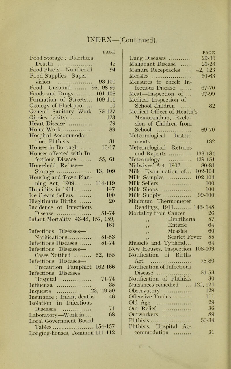 PAGE Food Storage ; Diarrhoea Deaths 42 Food Places—Number of 94 Food Supplies—Super- vision 93-100 Food—Unsound 96, 98-99 Foods and Drugs 101-108 Formation of Streets... 109-111 Geology of Blackpool ... 10 General Sanitary Work 75-127 Gipsies (visits) 123 Heart Disease 29 Home Work 89 Hospital Accommoda- tion, Phthisis 31 Houses in Borough 16-17 Houses affected with In- fectious Disease 55, 61 Household Refuse— Storage 13, 109 Housing and Town Plan- ning Act, 1909 114-119 Humidity in 1911 147 Ice Cream Sellers 100 Illegitimate Births 20 Incidence of Infectious Infant Mortality 43-48,’ 157, 159, 161 Infectious Diseases— Notifications 51-53 Infectious Diseases 51-74 Infectious Diseases— Cases Notified 52, 155 Infectious Diseases— Precaution Pamphlet 162-166 Infectious Diseases Hospital 71 -74 Influenza 35 Inquests 23, 49-50 Insurance : Infant deaths 46 Isolation in Infectious Diseases 71 Laboratory—Work in ... 68 Local Government Board Tables 154-157 Lodging-houses, Common 111-112 PAGE Lung Diseases 29-30 Malignant Disease 26-28 Manure Receptacles ... 42, 123 Measles 60-63 Measures to check In- fectious Disease 67-70 Meat—Inspection of ... 97-99 Medical Inspection of School Children 82 Medical Officer of Health’s Memorandum, Exclu- sion of Children from School 69-70 Meteorological Instru- ments 132 Meteorological Returns and Reports 133-134 Meteorology 129-151 Midwives’ Act, 1902 ... 80-81 Milk, Examination of... 102-104 Milk Samples 102-104 Milk Sellers 100 Milk Shops 100 Milk Supply 99-100 Minimum Thermometer Readings, 1911 146-148 Mortality from Cancer 26 ,, Diphtheria 57 ,, Enteric 64 ,, Measles 60 ,, Scarlet Fever 55 Mussels and Typhoid... 64 New Houses, Inspection 108-109 Notification of Births Act 75-80 Notification of Infectious Disease 51-53 Notification of Phthisis 30 Nuisances remedied ... 120, 124 Observatory 129 Offensive Trades Ill Old Age 29 Out Relief 36 Outworkers 89 Phthisis 30-34 Phthisis, Hospital Ac- commodation 31