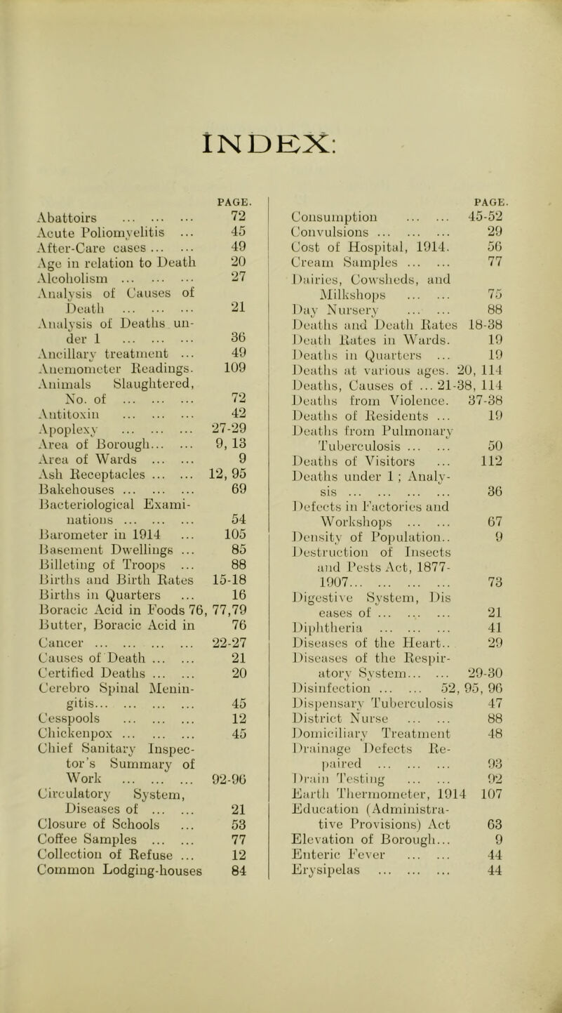 INDEX: Abattoirs PAGE. 72 Acute Poliomyelitis ... 45 After-Care cases 49 Age in relation to Death 20 Aleoholism 27 Analysis of Causes of Death 21 Analysis of Deaths un- der 1 36 Ancillary treatment ... 49 Anemometer Kcadings. 109 Animals blaughtered, No. of 72 Antito.xin 42 .\l)oplexy 27-29 Area of Borough 9, 13 Area of Wards 9 Ash lleceptacles 12, 95 Bakehouses 69 Bacteriologieal Exami- nations 54 Barometer in 1914 105 Basement Dwellings ... 85 Billeting of Troops ... 88 Births and Birth Rates 15-18 Births in Quarters 16 B Oracle Acid in Foods 76, 77,79 Butter, Boracic Acid in 76 Cancer 22-27 Causes of Death 21 Certified Deaths 20 Cerebro Spinal IMenin- gitis 45 Cesspools 12 Chiekenpox 45 Chief Sanitary Inspec- tor’s Summary of Work 92-96 Circulatory System, Diseases of 21 Closure of Schools 53 Coffee Samples 77 Collection of Refuse ... 12 Common Lodging-houses 84 PAGE. Consumption 45-52 Convulsions 29 Cost of Hospital, 1914. 56 Cream Samples 77 Dairies, Cowsheds, and IMilkshops 75 Day Nursery 88 Deaths and Death Rates 18-38 Death Rates in Wards. 19 Deaths in Quarters ... 19 Deaths at various ages. 20,114 Deaths, Causes of ... 21-38, 114 Jteaths from Violence. 37-38 Deaths of Residents ... 19 Deaths from Pulmonary Tuberculosis 50 Deaths of Visitors 112 Deaths under 1 ; Analy- sis 36 Defects in Factories and Workshops 67 Density of Population.. 9 J)estruction of Insects and Pests Act, 1877- 1907 73 Digestive System, Dis eases of 21 Diphtheria 41 Diseases of the Heart.. 29 Diseases of the Respir- atory System 29-30 Disinfection 52 , 95, 96 Dispensary Tuberculosis 47 District Nurse 88 Domiciliary Treatment 48 Drainage Defects Re- paired 93 Drain 'I’esting 92 Earth Tliermometer, 1914 107 Education (Administra- tive Provisions) Act 63 Elevation of Borough... 9 Enteric Fever 44 Erysipelas 44