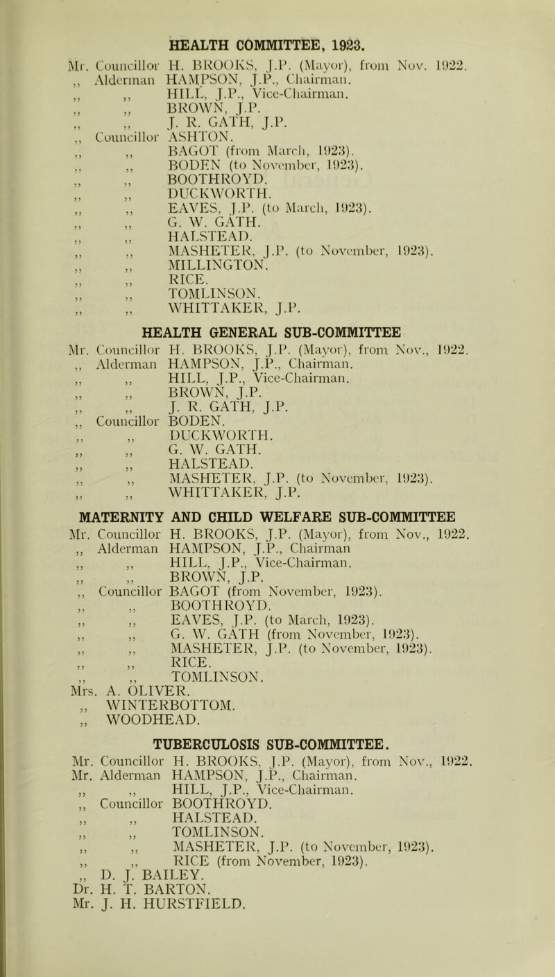 HEALTH COMMITTEE, 1923. Mr. Councillor H. BROOKS, j.P. (Mayor), from No\^ J!)22. ,, Alderman HAMl’SON, J.B., Chairman. ,, ,, HILL, j.P., Vice-Chairman. BROWN, j.P. J. R. GATH, J.l>. ., Councillor .VSHION. ,, ,, B.\GOT (from Mairli, 1!)23). ,, BOUKN (to Novcml)cr, l!)2:5). „ „ BOOTHROYD. DUCKWORTH. „ ,, E.\VP:S, j.P. (to March, 1!»23). „ „ G. W. gAth. „ „ HALSTEAD. ,, ., MASHETER, J.P. (to November, 1023). „ „ MILLINGTON. RICE. „ „ TOMLINSON. „ „ WHITTAKER, J.P. HEALTH GENERAL SUB-COMMITTEE Mr. Councillor H. BROOKS, j.P. (Mayor), from Nov., 1922. ,, Alderman HAMPSON, J’.P., Chairman. ,, ,, HILL, j.P., Vice-Chairman. „ „ BROWN, J.P. J. R. GATH, J.P. ,, Councillor BODEN. ,, „ DUCKWORTH. „ „ G. W. GATH. „ „ HALSTEAD. ,, ,, MASHETER, J.P. (to November, 1923). „ „ WHITTAKER, J.P. MATERNITY AND CHILD WELFARE SUB-COMMITTEE Mr. Councillor H. BROOKS, J.P. (Mayor), from Nov., 1922. Alderman HAMPSON, J.P., Chairman ,, HILL, J.P., Vice-Chairman. „ BROWN, J.P. Councillor BAGOT (from November, 1923). BOOTHROYD. EAVES, J.P. (to March, 1923). G. W. gAtH (from November, 1923). ,, MASHETER, J.P. (to November, 1923). ,, RICE. „ TOMLINSON. A. OLIVER. WINTERBOTTOM. WOODHEAD. >5 J > 5; J > Mrs. ) 9 TUBERCULOSIS SUB-COMMITTEE. Mr. Councillor H. BROOKS, J.P. (Mayor), from Nov., 1922. Mr. Alderman HAMPSON, J.P., Chairman. „ HILL, J.P., Vice-Chairman. Councillor BOOTHROYD. „ HALSTEAD. „ „ TOMLINSON. ,, ,, MASHETER, J.P. (to November, 1923). ,, ,, RICE (from November, 1923). „ D. J. BAILEY. Dr. H. T. BARTON. Mr. J. H. HURSTFIELD.