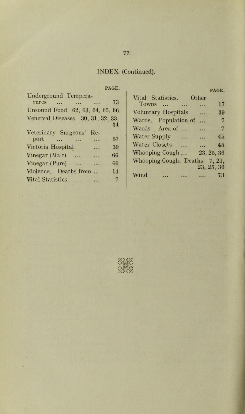 INDEX (Continued). PAGE. Underground Tempera- tures ... ... ... 73 Unsound Food 62, 63, 64, 65, 66 Venereal Diseases 30, 31, 32, 33, 34 Veterinary Surgeons’ Re- port ... ... ... 57 Victoria Hospital ... 39 Vinegar (Malt) ... ... 66 Vinegar (Pure) ... ... 66 Violence. Deaths from ... 14 Vital Statistics ... ... 7 PAGE. Vital Statistics. Other Towns 17 Voluntary Hospitals ... 39 Wards. Population of ... 7 Wards. Area of ... ... 7 Water Supply ... ... 45 Water Closets ... ... 45 Whooping Cough ... 23, 25, 36 Whooping Cough. Deaths 7,21, 23, 25, 36 Wind 73