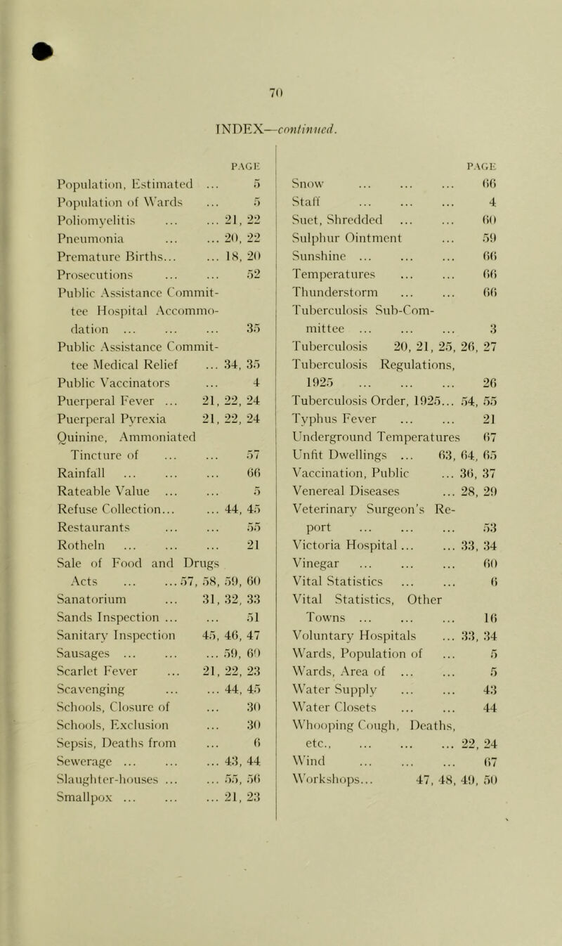 INDEX— enntmued. Population, Estimated P.\G1C o Snow pa(;k ()() Population of Wards T) Staff 4 Poliomyelitis 21, 22 Suet, Shredded 60 Pneumonia 20, 22 Sulphur Dintment 59 Premature Births... IS, 20 Sunshine ... 66 Prosecutions o2 Temperatures 66 Public .Assistance Commit- Thunderstorm 6(i tee Hospital .Accommo- dation 3b Tuberculosis Sub-Com- mittee 3 Public .Assistance Commit- Tuberculosis 20, 21, 25, 26, 27 tee Medical Relief . . . 34, .3b Tuberculosis Regulations, Public Vaccinators 4 1925 26 Puerperal Fever ... 21, 22, 24 Tuberculosis Order, 1925... 54, 5b Puerperal Pyre.xia 21, 22, 24 Typhus Fever 21 Quinine, .Ammoniated Tincture of b7 Underground Temperature.® Unfit Dwellings ... 63, 67 64, 6b Rainfall (it) A'accination, Public 36, 37 Rateable Value b Venereal Disea.ses 28, 29 Refuse Collection... 44, 4b Veterinary Surgeon’s Re- Restaurants bb port 53 Rotheln 21 Victoria Hospital... 33, 34 Sale of Food and Drugs A'^inegar 60 .Acts ... ...07, oS, bO, (10 Vital Statistics () Sanatorium 31, 32, 33 Vital Statistics, Other Sands Inspection ... . . . bl Towns ... 16 Sanitary Inspection 45, 46, 47 Voluntary Hospitals 33, 34 Sausages ... b<), 60 Wards, Population of 5 Scarlet Fever 21, 22, 23 Wards, .Area of 5 Scavenging . . . 44, 4b Water Supply 43 Schools, Closure f)f 30 Water Closets 44 Schools, F.xclusion 30 Whooping Cough, Deaths, Sepsis, Deaths from . . . 6 etc 22, 24 Sewerage ... . . . 43, 44 Wind ()7 Slaughter-houses ... . . . bb, b6 Workshops... 47, 48, 49, 50 Smallpox ... 21, 23