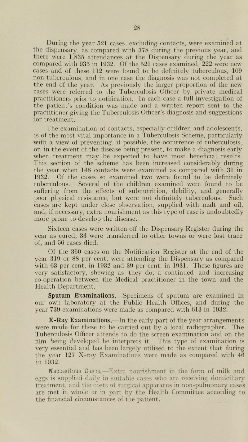 During the year 521 cases, excluding contacts, were examined at the dispensary, as compared with 37S during the previous year, and there were 1,835 attendances at the Dispensary during the year as compared with 935 in 1932. Of the 521 cases examined, 222 were new cases and of these 112 were found to he definitely tuberculous, 109 non-tuberculous, and in one case tlic diagnosis was not completed at the end of the year. As previously the larger ])roportion of the new cases were referred to the Tuberculosis Officer by private medical practitioners prior to notification. In each case a full investigation of the patient’s condition was made and a written report sent to the practitioner giving the Tuberculosis Officer’s diagnosis and suggestions for treatment. The examination of contacts, especially children and adolescents, is of the most vital importance in a Tuberculosis Scheme, particularly with a view of preventing, if possible, the occurrence of tuberculosis, or, in the event of the disease being pre.sent, to make a diagnosis early when treatment may be expected to have most beneficial results. This section of the scheme has been increased considerably during the year when 148 contacts were examined as compared with 31 in 1932. Of the cases so examined two were found to be definitely tuberculous. Several of the children e.xamined were found to be suffering from the effects of subnutrition, debility, and generally poor ph3^sical resistance, but were not definitely tuberculous. Such cases are kept under close observation, supplied with malt and oil, and, if necessary, extra nourishment as this type of case is undoubtedly more prone to develop the disease. Si.xteen cases were written off the Dispensary Register during the year as cured, 33 were transferred to other towns or were lost trace of, and 56 cases died. Of the 360 cases on the Notification Register at the end of the year 319 or 88 per cent, were attending the Ilispensar}^ as compared with 63 per cent, in 1932 and 39 per cent, in 1931. These figures are very satisfactory, shewing as they do, a continued and increasing co-operation between the Medical practitioner in the town and the Health Department. Sputum Examinations.—Specimens of sputum are examined in our own laboratory at the Public Health Offices, and during the year 739 examinations were made as compared with 613 in 1932. X-Ray Examinations.—In the early part of the year arrangements were made for these to be carried out by a local radiographer. The Tuberculosis Officer attends to do the screen examination and on the film being developed he interprets it. This type of examination is very essential and has been largely utilised to the extent that during the year 127 X-ray Examinations were made as compared with 46 in 1932. N33J3Sitoi3 Cl3t3.—Extra nourishment in the form of milk and eggs is supplied (.Liily in suitable cases who arc receiving domiciliary treatment, and tiie osts of surgical apparatus in non-pulmonary cases are met in wliole or in part by the Plealth Committee according to the financial circumstances of the patient.