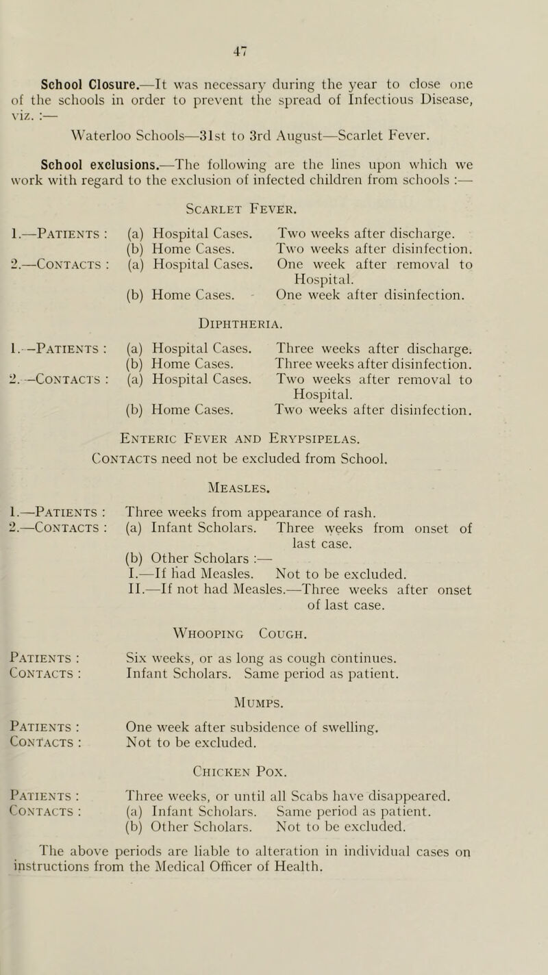 School Closure.—It was necessary during the year to close one of the schools in order to prevent the spread of Infectious Disease, viz. :— Waterloo Schools—31st to 3rd August—Scarlet Fever. School exclusions.—The following are the lines upon which we work with regard to the exclusion of infected children from schools :— 1.—Patients : Scarlet Fever. (a) Hospital Cases. Two weeks after discharge. (b) Home Cases. Two weeks after disinfection. 2.—Contacts ; (a) Hospital Cases. One week after removal to Hospital. (b) Home Cases. One week after disinfection. Diphtheria. 1. -Patients : (a) Hospital Cases. Three weeks after discharge. (b) Home Cases. Three weeks after disinfection. 2. -Contacts : (a) Hospital Cases. Two weeks after removal to Hospital. (b) Home Cases. Two weeks after disinfection. Enteric Fever and Erypsipelas. Contacts need not be excluded from School. 1. —Patients : 2. —Contacts ; Measles. Three weeks from appearance of rash. (a) Infant Scholars. Three weeks from onset of last case. (b) Other Scholars :— I. —If had Measles. Not to be excluded. II. —If not had Measles.—Three weeks after onset of last case. Patients : Contacts: Whooping Cough. Si.x weeks, or as long as cough continues. Infant Scholars. Same period as patient. Mumps. Patients : Contacts; One week after subsidence of swelling. Not to be excluded. Patients : Contacts: Chicken Pox. Three weeks, or until all Scabs have disappeared. (a) Infant Scholars. Same period as patient. (b) Other Scholars. Not to be excluded. The above periods are liable to alteration in individual cases on instructions from the Medical Officer of Health.