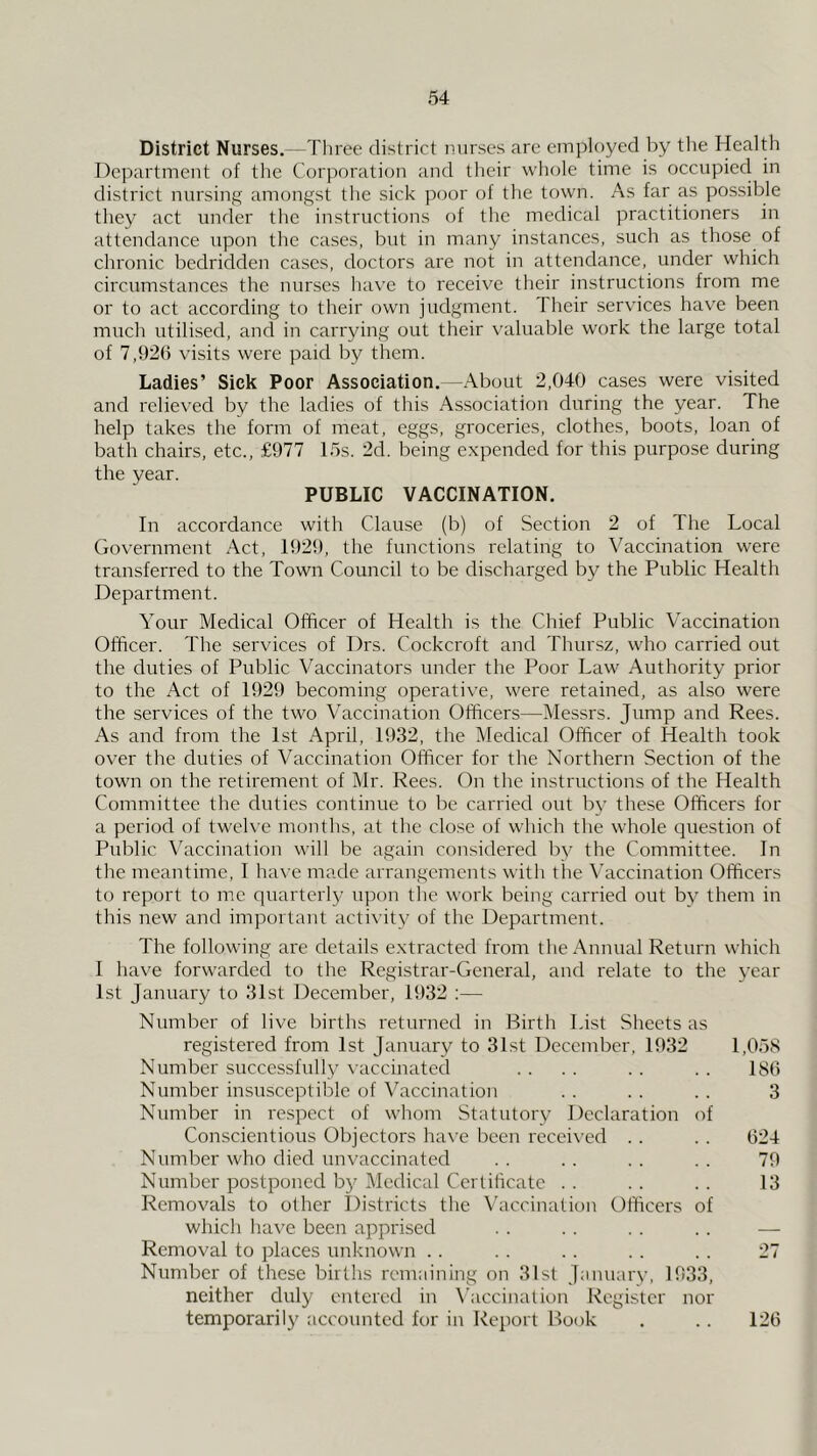 District Nurses.—Three district nurses are employed by the Health Department of the Corporati(jn and their whole time is occupiecl in district nursing amongst the sick poor of the town. As far as possible they act under the instructions of the medical practitioners in attendance upon the cases, but in many instances, such as those of chronic bedridden cases, doctors are not in attendance, under which circumstances the nurses have to receive their instructions from me or to act according to their own judgment. Their services have been much utilised, and in carrying out their valuable work the large total of 7,92(> visits were paid by them. Ladies’ Sick Poor Association.—About 2,040 cases were visited and relieved by the ladies of this Association during the year. The help takes the form of meat, eggs, groceries, clothes, boots, loan of bath chairs, etc., £977 15s. 2d. being expended for this purpose during the year. PUBLIC VACCINATION. In accordance with Clause (b) of Section 2 of The Local Government Act, 1929, the functions relating to Vaccination were transferred to the Town Council to be discharged by the Public Health Department. Your Medical Officer of Health is the Chief Public Vaccination Officer. The services of Drs. Cockcroft and Thursz, who carried out the duties of Public Vaccinators under the Poor Law Authority prior to the Act of 1929 becoming operative, were retained, as also were the services of the two Vaccination Officers—Messrs. Jump and Rees. As and from the 1st April, 1932, the Medical Officer of Health took over the duties of Vaccination Officer for the Northern Section of the town on the retirement of Mr. Rees. On the instructions of the Health Committee the duties continue to be carried out b\^ these Officers for a period of tweh e months, at the close of which the whole question of Public Vaccination will be again considered by the Committee. In the meantime, I ha\ e made arrangements with the Vaccination Officers to report to me quarterly upon tlie work being carried out by them in this new and important activity of the Department. The following are details extracted from the Annual Return which I have forwarded to the Registrar-General, and relate to the year 1st January to 31st December, 1932 :— Number of live births returned in Birth List Sheets as registered from 1st January to 31st December, 1932 1,05S Number successfully vaccinated . . . . . . . . 180 Number insusceptible of Vaccination . . . . . . 3 Number in respect of whom Statutory Declaration of Conscientious Objectors have been recei\’ed . . . . 024 Number who died unvaccinated . . . . . . . . 79 Number postponed b}^ Medical Certificate . . . . . . 13 Removals to other I)istricts the Vaccination Officers of which have been apprised . . . . .. . . — Removal to places unknown . . . . . . . . . . 27 Number of these births remaining on 31st January, 1933, neither duly entered in \’accinalion Register nor temporarily accounted for in Report Hook . .. 120