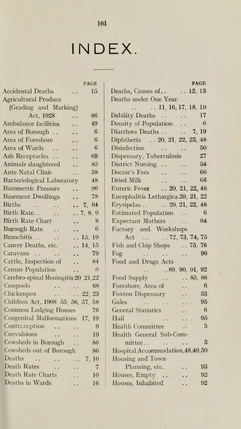 INDEX. PAGE Accidental Deaths .. 15 Agricultural Produce (Grading and Marking) Act, 1928 .. 80 Ambulance facilities .. 49 Area of Borough .. .. 6 Area of Foreshore .. 6 Area of Wards .. ,. 6 Ash Receptacles .. .. 69 Animals slaughtered .. 85 Ante Natal Clinic .. 58 Bacteriological Laboratory 48 Barometric Pressure .. 96 Basement Dwellings .. 78 Births .. .. .. 7, 64 Birth Rate. . .. .. 7, 8, 9 Birth Rate Chart .. 8 Borough Rate .. .. 6 Bronchitis . . . . .. 15, 19 Cancer Deaths, etc. .. 14, 15 Caravans . . . . .. 79 Cattle, Inspection of .. 84 Census Population .. 6 Cerebro-spinal Meningitis 20, 21,22 Cesspools .. . . 68 Chickenpox . . . . 22, 23 Children Act, 1908 55, 56, 57, 58 Common Lodging Houses 76 Congenital Malformations 17, 19 Contraception .. .. 9 Convulsions .. . . 19 Cowsheds in Borough .. 86 Cowsheds out of Borough 86 Deaths . . .. . . 7, 10 Death Rates .. .. 7 Death Rate Charts .. 10 Deaths in Wards .. 16 PAGE Deaths, Causes of,. .. 12, 13 Deaths under One Year . . 11, 16, 17, 18, 19 Debility Deaths . . .. 17 Density of Population . . 6 Diarrhoea Deaths . . . . 7, 19 Diphtheria . . 20, 21, 22, 23, 48 Disinfection . . .. 50 Dispensary, Tuberculosis 27 District Nursing .. .. 54 Doctor’s Fees . . . . 66 Dried Milk .. . . 66 Enteric Fever .. 20, 21, 22, 48 Encephalitis Lethargica 20, 21, 22 Erysipelas . . . . 20, 21, 22, 48 Estimated Population . . 6 Expectant Mothers .. 64 Eactory and Workshops Act . . . . 72, 73, 74, 75 Fish and Chip Shops . . 75, 76 Fog . . . . .. 96 Food and Drugs Acts ..89,90,91,92 Food Supply . . . . 85, 86 Foreshore, Area of . . 6 i Foxton Dispensary . . 53 Gales . . . . .. 95 General Statistics . . 6 Hail . . . . . . 95 ' Health Committee .. 3 I Health General Sub-Com- I mittee.. .. .. 3 Hospital Accommodation,48,49,50 Housing and Town I Planning, etc. .. 93 Houses, Empty .. .. 92 Hou-ses, Inhabited .. 92