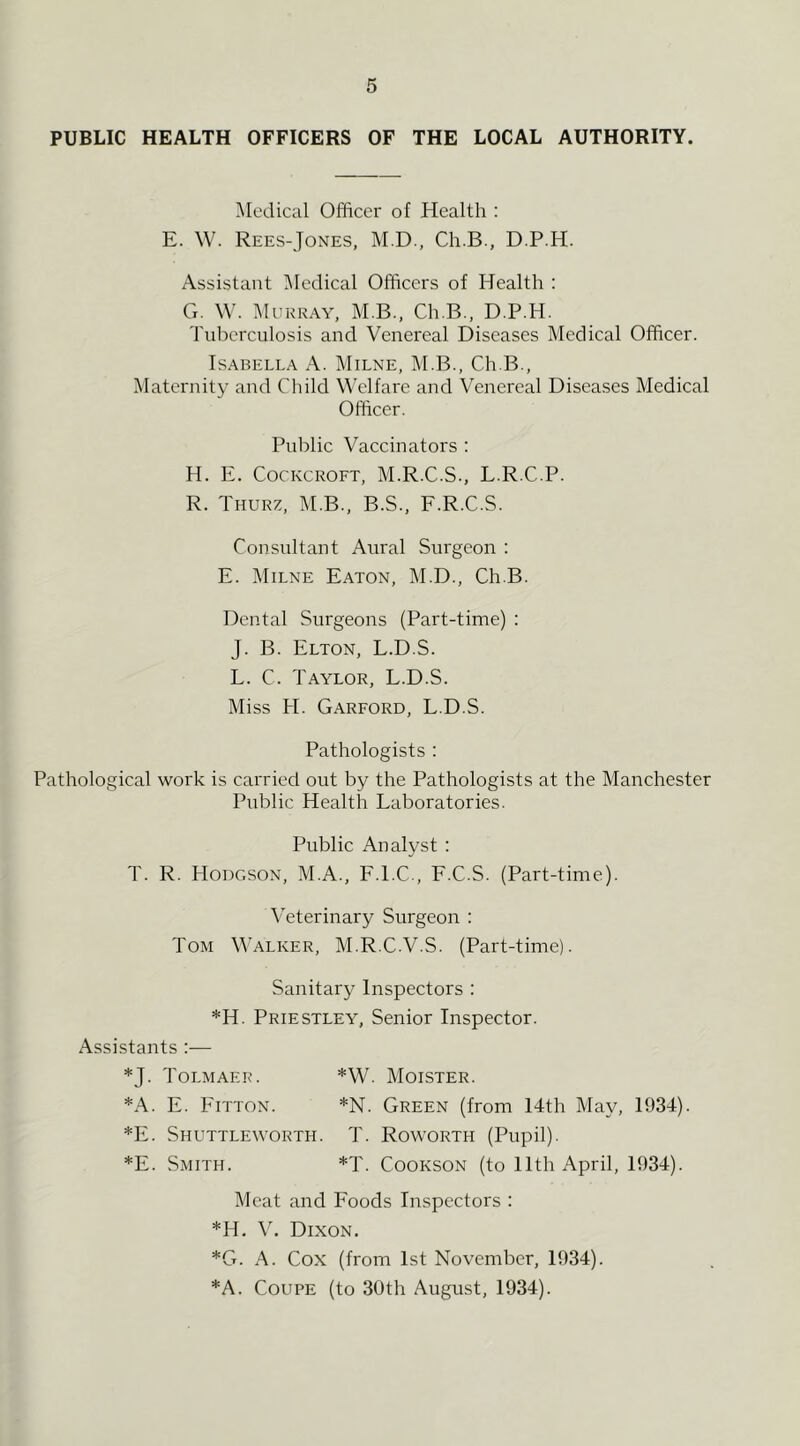 PUBLIC HEALTH OFFICERS OF THE LOCAL AUTHORITY. Medical Officer of Health : E. W. Rees-Jones, M.D., Ch.B., D.P.H. Assistant iMedical Officers of Health : G. W. Murray, M B., Ch.B., D.P.H. Tuberculosis and Venereal Diseases Medical Officer. Isabella A. Milne, M.B., Ch.B., Maternity and Child Welfare and Venereal Diseases Medical Officer. Public Vaccinators : H. E. Cockcroft, M.R.C.S., L.R.C.P. R. Thurz, M.B., B.S., F.R.C.S. Consultant Aural Surgeon : E. Milne Eaton, IM.D., Ch.B. Dental Surgeons (Part-time) : J. B. Elton, L.D.S. L. C. Taylor, L.D.S. Miss H. Garford, L.D.S. Pathologists : Pathological work is carried out by the Pathologists at the Manchester Public Health Laboratories. Public Analyst : T. R. Hodgson, M.A., F.l.C., F.C.S. (Part-time). Veterinary Surgeon : Tom W'alker, M.R.C.V.S. (Part-time). Sanitary Inspectors : *H. Priestley, Senior Inspector. Assistants :— *J. Tolmaer. *W. Moister. *A. E. Fitton. *N. Green (from 14th May, 1934). *E. Shuttleworth. T. Roworth (Pupil). *E. Smith. *T. Cookson (to 11th April, 1934). Meat and Foods Inspectors : *H, V. Dixon. *G. A. Cox (from 1st November, 1934). *A. Coupe (to 30th August, 1934).