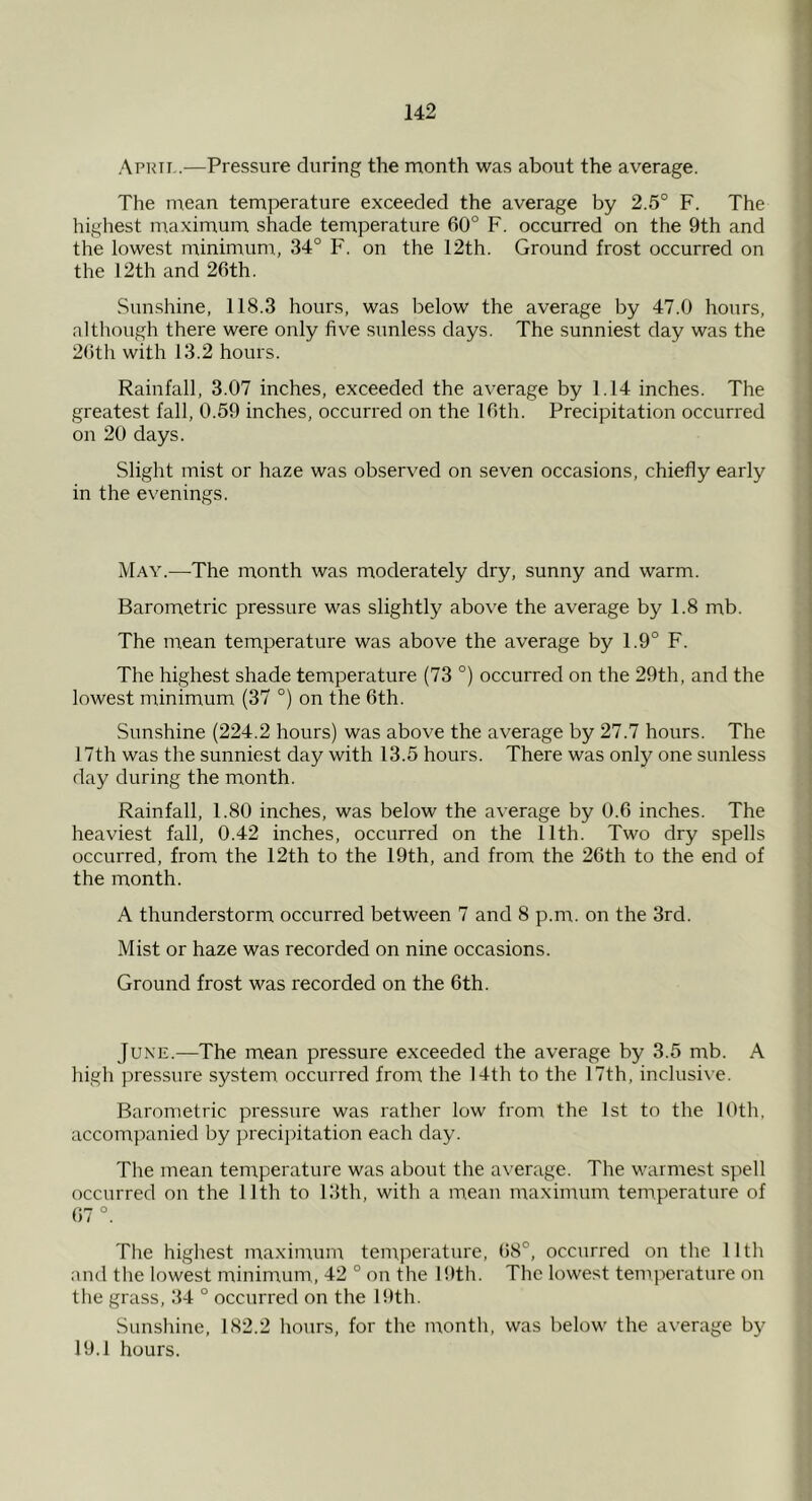 Apkti,.—Pressure during the month was about the average. The mean temperature exceeded the average by 2.5° F. The highest maximum shade temperature 60° F. occurred on the 9th and the lowest minimum, 34° F. on the 12th. Ground frost occurred on the 12th and 26th. Sunshine, 118.3 hours, was below the average by 47.0 hours, although there were only five sunless days. The sunniest day was the 26th with 13.2 hours. Rainfall, 3.07 inches, exceeded the average by 1.14 inches. The greatest fall, 0.59 inches, occurred on the 16th. Precipitation occurred on 20 days. Slight mist or haze was observed on seven occasions, chiefly early in the evenings. May.—The month was moderately dry, sunny and warm. Barometric pressure was slightly above the average by 1.8 mb. The mean temperature was above the average by 1.9° F. The highest shade temperature (73 °) occurred on the 29th, and the lowest minimum (37 °) on the 6th. Sunshine (224.2 hours) was above the average by 27.7 hours. The 17th was the sunniest day with 13.5 hours. There was only one sunless day during the month. Rainfall, 1.80 inches, was below the average by 0.6 inches. The heaviest fall, 0.42 inches, occurred on the 11th. Two dry spells occurred, from the 12th to the 19th, and from the 26th to the end of the month. A thunderstorm occurred between 7 and 8 p.m. on the 3rd. Mist or haze was recorded on nine occasions. Ground frost was recorded on the 6th. June.—The mean pressure exceeded the average by 3.5 mb. A high pressure system, occurred from the 14th to the 17th, inclusi\ e. Barometric pressure was rather low from the 1st to the 10th, accompanied by precipitation each day. The mean temperature was about the a\’erage. The warmest spell occurred on the 11th to 13th, with a mean maximum temperature of 67°. The highest maximum temperature, 68°, occurred on the 11 th and the lowest minimum, 42 ° on the 19th. The lowest temperature on the grass, 34 ° occurred on the 19th. Sunsliiue, 182.2 hours, for the month, was below the average by 19.1 hours.