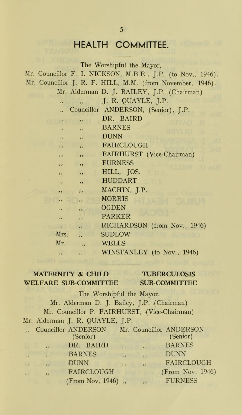 HEALTH COMMITTEE. The Worshipful the Mayor, Mr. Councillor F. I. NICKSON, M.B.E., J.P. (to Nov., 1946). Mr. Councillor J. R. F. HILL, M.M. (from November, 1946). Mr. Alderman D. J. BAILEY, J.P. (Chairman) J. R. QUAYLE, J.P. Councillor Mrs. Mr. ) f i ANDERSON, (Senior), J.P. DR. BAIRD BARNES DUNN FAIRCLOUGH FAIRHURST (Vice-Chairman) FURNESS HILL, JOS. HUDDART MACHIN, J.P. MORRIS OGDEN PARKER RICHARDSON (from Nov., 1946) SUDLOW WELLS WINSTANLEY (to Nov., 1946) MATERNITY & CHILD TUBERCULOSIS WELFARE SUB COMMITTEE SUB-COMMITTEE The Worshipful the Mayor. Mr. Alderman D. J. Bailey, J.P. (Chairman) Mr. Councillor P. FAIRHURST, (Vice-Chairman) Mr. Alderman J. R. QUAYLE, J.P. ,, Councillor ANDERSON Mr. Councillor ANDERSON (Senior) (Senior) DR. BAIRD BARNES DUNN FAIRCLOUGH BARNES DUNN FAIRCLOUGH (From Nov. 1946) (From Nov. 1946) ,, FURNESS