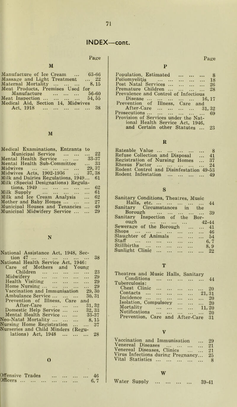 INDEX—cont. Page M Manufacture of Ice Cream 63-66 Massage and Light Treatment ... 22 Maternal Mortality . ... 8,15 Meat Products, Premises Used for Manufacture . ... 56-60 Meat Inspection 54,55 Medical Aid, Section 14, Midwives Act. 1918 38 M Pa«,e P Population, Estimated Poliomyelitis Post Natal Services ... Premature Children ... Prevalence and Control Disease Prevention of Illness After-Care Prosecutions 8 18 26 ... 28 of Infectious 16,17 , Care and 31,32 69 Provision of Services under the Nat- ional Health Service Act, 1946, and Certain other Statutes ... 23 Medical Examinations, Entrants to Municipal Service 22 Mental Health Service 33-37 Mental Health Sub-Committee ... 33 Midwives 29,37 Midwives Acts, 1902-1936 ... 37,38 Milk and Dairies Regulations, 1949... 61 Milk (Special Designations) Regula- tions, 1949 62 Milk Supply 61 Milk and Ice Cream Analysis ... 62 Mother and Baby Homes 27 Municipal Houses and Tenancies ... 49 Municipal Midwifery Service 29 N National Assistance Act, 1948, Sec- tion 47 38 National Health Service Act, 1946: Care of Mothers and Young Children 23 Midwifery 29 Health Visiting 29 Home Nursing 29 Vaccination and Immunisation 29, 30 Ambulance Service 30, 31 Prevention of Illness, Care and After-Care 31,32 Domestic Help Service ... ... 32,33 Mental Health Service ... 33-37 Neo-Natal Mortality 8,15 Nursing Home Registration 37 ■Nurseries and Child Minders (Regu- lations) Act, 1948 28 O R Rateable Value 8 Refuse Collection and Disposal ... 41 Registration of Nursing Homes ... 37 Rhesus Factor 24 Rodent Control and Disinfestation 49-53 Rodent Infestation 49 Sanitary Conditions, Theatres, Music Halls, etc 44 Sanitary Circumstances in the Borough 39 Sanitary Inspection of the Bor- ough 42-44 Sewerage of the Borough 41 Shops Slaughter of Animals Staff Stillbirths Sunlight Clinic 46 54 6,7 8,9 22 Theatres and Music Halls, Sanitary Conditions 44 Tuberculosis: Chest Clinic 20 Contacts 21,31 Incidence 20 Isolation, Compulsory 20 Mortality 11,20 Notifications 20 Prevention, Care and After-Care 31 V Vaccination and Immunisation ... 29 Venereal Diseases 21 Venereal Diseases, Clinics 21 Virus Infections during Pregnancy... 25 Vital Statistics ... 8 Offensive Trades Officers 46 6,7 W Water Supply 39-41