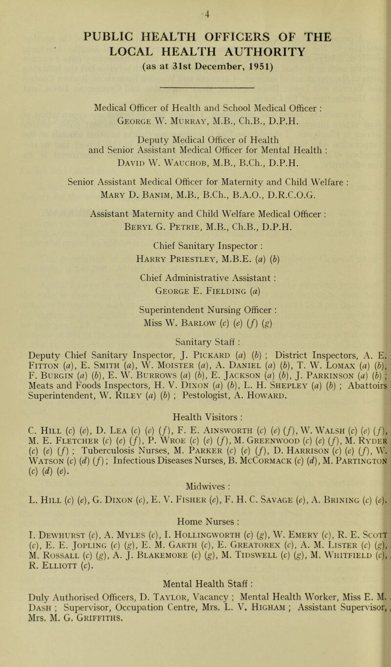 PUBLIC HEALTH OFFICERS OF THE LOCAL HEALTH AUTHORITY (as at 31st December, 1951) Medical Officer of Health and School Medical Officer : George W. Murray, M.B., Ch.B., D.P.H. Deputy Medical Officer of Health and Senior Assistant Medical Officer for Mental Health : David VV. Wauchob, M.B., B.Ch., D.P.H. Senior Assistant Medical Officer for Maternity and Child Welfare ; Mary D. Banim, M.B., B.Ch., B.A.O., D.R.C.O.G. Assistant Maternity and Child Welfare Medical Officer : Beryl G. Petrie, M.B., Ch.B., D.P.H. Chief Sanitary Inspector : Harry Priestley, M.B.E. {a) {b) Chief Administrative Assistant : George E. Fielding (a) Superintendent Nursing Officer ; Miss W. Barlow (c) (e) (/) (g) Sanitary Staff ; Deputy Chief Sanitary Inspector, J. Pickard (a) (b) ; District Inspectors, A. E. Fitton (a), E. Smith (a), W. Moister (a), A. Daniel (a) (b), T. W. Lomax (a) (b), F. Burgin (a) (b), E. W. Burrows (a) (b), E. Jackson (a) (b), J. Parkinson (a) (b) ; Meats and Foods Inspectors, H. V. Dixon (a) (b), L. H. Shepley (a) (b) ; Abattoirs Superintendent, W. Riley (a) (b) ; Pestologist, A. Howard. Health Visitors : C. Hill (c) (e), D. Lea (c) (c) (/), F. E. Ainsworth (c) [e) (/), W. Walsh (c) (c) (/), M. E. Fletcher (c) [e] (/), P. Wroe (c) [e) (/), M. Greenwood (c) {e) (/), M. Ryder (c) (e) (/) ; Tuberculosis Nurses, M. Parker (c) (e) (/), D. Harrison (c) (c) (/), M'. Watson (c) (d) (/); Infectious Diseases Nurses, B. McCormack (c) (d), M. Partington (c) [d) {e). Midwives : L. Hill (c) (e), G. Dixon (c), E. V. Fisher {e), F. H. C. Savage {e), A. Brining (c) [e). Home Nurses : I. Dewhurst (c), a. Myles (c), I. Hollingworth (c) (g), W. Emery (c), R. E. Scott (c), E. E. JoPLiNG (c) (g), E. M. Garth (c), E. Greatorex (r), A. M. Ijster [c] (g), M. Rossall (c) (g), A. J. Blakemore (c) (g), M. Tidswell (c) (g), M. Whitfield (c), R. Elliott (c). Mental Health Staff: Duly Authorised Officers, D. Taylor, Vacancy ; Mental Health Worker, Miss E. M. Dash ; Supervisor, Occupation Centre, Mrs. L. V. High am ; Assistant Supervisor,, Mrs. M. G. Griffiths.