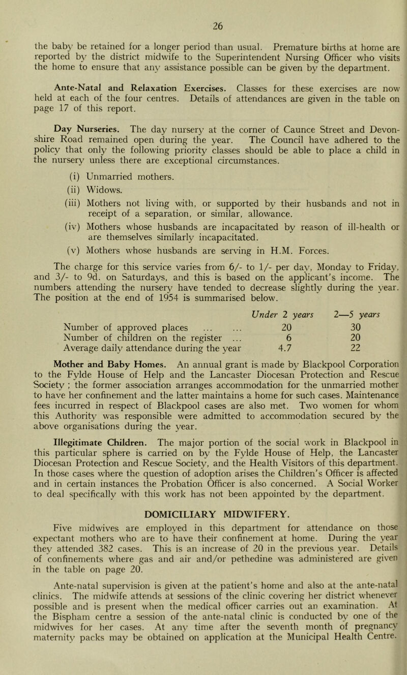 the baby be retained for a longer period than usual. Premature births at home are reported by’ the district midwife to the Superintendent Nursing Officer who visits the home to ensure that any’ assistance possible can be given by the department. Ante-Natal and Relaxation Exercises. Classes for these exercises are now held at each of the four centres. Details of attendances are given in the table on page 17 of this report. Day Nurseries. The day nursery at the corner of Caunce Street and Devon- shire Road remained open during the year. The Council have adhered to the policy^ that only the following priority classes should be able to place a child in the nursery’ unless there are exceptional circumstances. (i) Unmarried mothers. (ii) Widows. (iii) Mothers not living with, or supported by their husbands and not in receipt of a separation, or similar, allowance. (iv) Mothers whose husbands are incapacitated by reason of ill-health or are themselves similarly incapacitated. (v) Mothers whose husbands are serving in H.M. Forces. The charge for this service varies from 6/- to 1/- per day, Monday to Friday, and 3/- to 9d. on Saturdays, and this is based on the applicant’s income. The numbers attending the nursery have tended to decrease slightly during the year. The position at the end of 1954 is summarised below. Under 2 years Number of approved places ... ... 20 Number of children on the register ... 6 Average daily attendance during the y’ear 4.7 2—5 years 30 20 22 Mother and Baby Homes, An annual grant is made by/ Blackpool Corporation to the Fylde House of Help and the Lancaster Diocesan Protection and Rescue Society'; the former association arranges accommodation for the unmarried mother to have her confinement and the latter maintains a home for such cases. Maintenance fees incurred in respect of Blackpool cases are also met. Two women for whom this Authority was responsible were admitted to accommodation secured by' the above organisations during the year. Illegitimate Children. The major portion of the social work in Blackpool in this particular sphere is carried on by the Fylde House of Help, the Lancaster Diocesan Protection and Rescue Society, and the Health Visitors of this department. In those cases where the question of adoption arises the Children's Officer is affected and in certain instances the Probation Officer is also concerned. A Social Worker to deal specifically/ with this work has not been appointed by’ the department. DOMICILIARY MIDWIFERY. Five midwives are employed in this department for attendance on those expectant mothers who are to have their confinement at home. During the y'ear they attended 382 cases. This is an increase of 20 in the previous y/ear. Details of confinements where gas and air and/or pethedine was administered are given in the table on page 20. Ante-natal supervision is given at the patient’s home and also at the ante-natal clinics. The midwife attends at sessions of the clinic covering her district whenever possible and is present when the medical officer carries out an examination. At the Bispham centre a session of the ante-natal clinic is conducted by' one of the midwives for her cases. At any time after the seventh month of pregnancy maternity' packs may be obtained on application at the Municipal Health Centre.