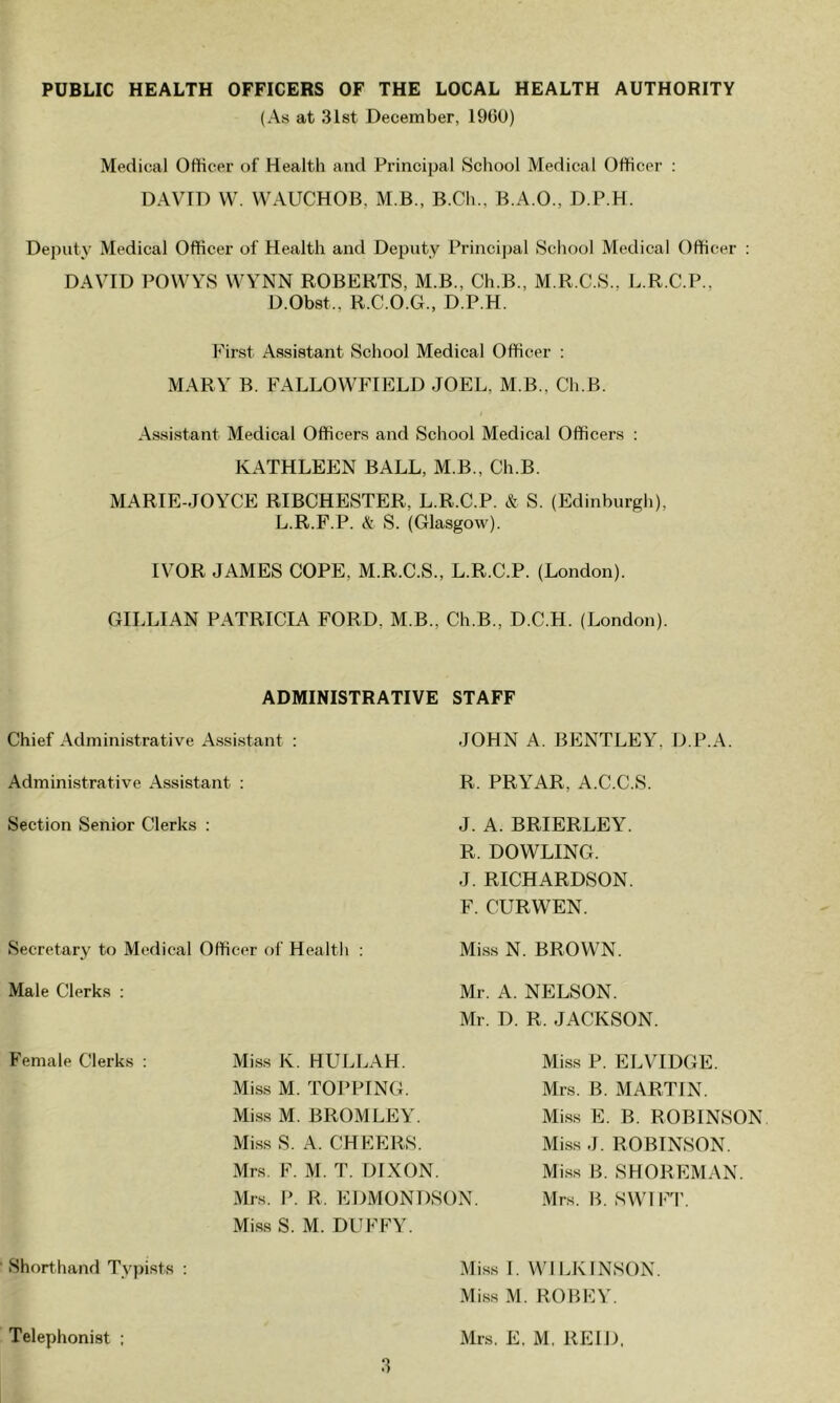 PUBLIC HEALTH OFFICERS OF THE LOCAL HEALTH AUTHORITY (As at 31st December, 1900) Medical Officer of Health and Principal School Medical Officer : DAVID W. WAUCHOB. M.B., B.Ch., B.A.O., D.P.H. Deputy Medical Officer of Health and Deputy Principal School Medical Officer : DAVID POWYS WYNN ROBERTS. M.B., Ch.B., M.R.C.S.. L.R.C.P.. D.Obst., R.C.O.G., D.P.H. First Assistant School Medical Officer : MARY B. FALLOWFIELD JOEL. M.B., Ch.B. Assistant Medical Officers and School Medical Officers : KATHLEEN BALL, M.B., Ch.B. MARIE-JOYCE RIBCHESTER, L.R.C.P. & S. (Edinburgh), L.R.F.P. & S. (Glasgow). IVOR JAMES COPE, M.R.C.S., L.R.C.P. (London). GILLIAN PATRICIA FORD. M.B., Ch.B., D.C.H. (London). ADMINISTRATIVE STAFF Chief Administrative Assistant : JOHN A. BENTLEY. D.P.A. Administrative Assistant : R. PRYAR, A.C.C.S. Section Senior Clerks : J. A. BRIERLEY. R. DOWLING. J. RICHARDSON. F. CURWEN. Secretary to Medical Officer of Health : Male Clerks : Miss N. BROWN. Mr. A. NELSON. Mr. D. R. JACKSON. Female Clerks : Miss K. HULL AH. Miss M. TOPPING. Miss M. BROMLEY. Miss S. A. CHEERS. Miss P. ELVIDGE. Mrs. B. MARTIN. Miss E. B. ROBINSON Miss J. ROBINSON. Miss B. SHOREMAN. Mrs. B. SWIFT. Mrs. F. M. T. DIXON. Mrs. P. R. EDMONDSON. Miss S. M. DUFFY. Miss I. WILKINSON. Miss M. ROBEY. Telephonist ; Mrs. E. M. REID.