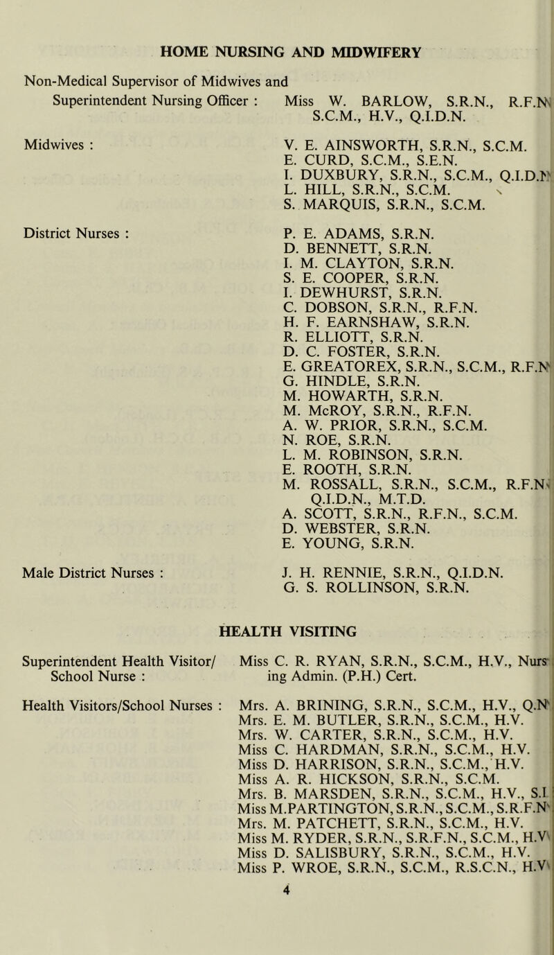 HOME NURSING AND MIDWIFERY Non-Medical Supervisor of Midwives and Superintendent Nursing Officer : Miss W. BARLOW, S.R.N., R.F.Nv Midwives : S.C.M., H.V., Q.I.D.N. V. E. AINSWORTH, S.R.N., S.C.M. E. CURD, S.C.M., S.E.N. I. DUXBURY, S.R.N., S.C.M., Q.I.D.N L. HILL, S.R.N., S.C.M. S. MARQUIS, S.R.N., S.C.M. District Nurses : P. E. ADAMS, S.R.N. D. BENNETT, S.R.N. I. M. CLAYTON, S.R.N. S. E. COOPER, S.R.N. I. DEWHURST, S.R.N. C. DOBSON, S.R.N., R.F.N. H. F. EARNSHAW, S.R.N. R. ELLIOTT, S.R.N. D. C. FOSTER, S.R.N. E. GREATOREX, S.R.N., S.C.M., R.F.N G. HINDLE, S.R.N. M. HOWARTH, S.R.N. M. McROY, S.R.N., R.F.N. A. W. PRIOR, S.R.N., S.C.M. N. ROE, S.R.N. L. M. ROBINSON, S.R.N. E. ROOTH, S.R.N. M. ROSSALL, S.R.N., S.C.M., R.F.N' Q.I.D.N., M.T.D. A. SCOTT, S.R.N., R.F.N., S.C.M. D. WEBSTER, S.R.N. E. YOUNG, S.R.N. Male District Nurses : J. H. RENNIE, S.R.N., Q.I.D.N. G. S. ROLLINSON, S.R.N. HEALTH VISITING Superintendent Health Visitor/ School Nurse : Miss C. R. RYAN, S.R.N., S.C.M., H.V., Nurs- ing Admin. (P.H.) Cert. Health Visitors/School Nurses : Mrs. A. BRINING, S.R.N., S.C.M., H.V., Q.N' Mrs. E. M. BUTLER, S.R.N., S.C.M., H.V. Mrs. W. CARTER, S.R.N., S.C.M., H.V. Miss C. HARDMAN, S.R.N., S.C.M., H.V. Miss D. HARRISON, S.R.N., S.C.M., H.V. Miss A. R. HICKSON, S.R.N., S.C.M. Mrs. B. MARSDEN, S.R.N., S.C.M., H.V., S.I Miss M. PARTINGTON, S.R.N., S.C.M., S.R.F.N Mrs. M. PATCHETT, S.R.N., S.C.M., H.V. Miss M. RYDER, S.R.N., S.R.F.N., S.C.M., H.V Miss D. SALISBURY, S.R.N., S.C.M., H.V. Miss P. WROE, S.R.N., S.C.M., R.S.C.N., H.V