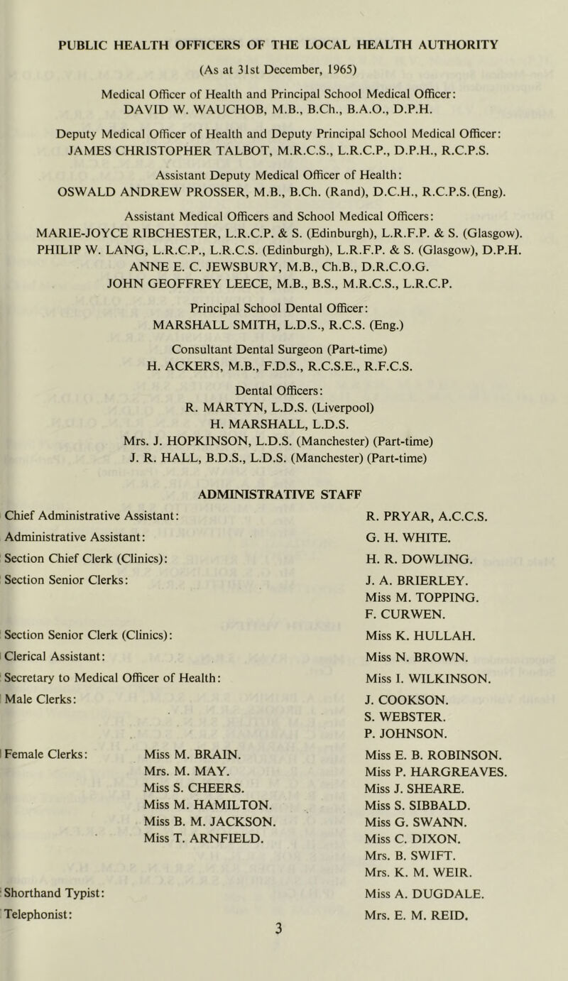 PUBLIC HEALTH OFFICERS OF THE LOCAL HEALTH AUTHORITY (As at 31 St December, 1965) Medical Officer of Health and Principal School Medical Officer: DAVID W. WAUCHOB, M.B., B.Ch., B.A.O., D.P.H. Deputy Medical Officer of Health and Deputy Principal School Medical Officer: JAMES CHRISTOPHER TALBOT, M.R.C.S., L.R.C.P., D.P.H., R.C.P.S. Assistant Deputy Medical Officer of Health: OSWALD ANDREW PROSSER, M.B., B.Ch. (Rand), D.C.H., R.C.P.S. (Eng). Assistant Medical Officers and School Medical Officers: MARIE-JOYCE RIBCHESTER, L.R.C.P. & S. (Edinburgh), L.R.F.P. & S. (Glasgow). PHILIP W. LANG, L.R.C.P., L.R.C.S. (Edinburgh), L.R.F.P. & S. (Glasgow), D.P.H. ANNE E. C. JEWSBURY, M.B., Ch.B., D.R.C.O.G. JOHN GEOFFREY LEECE, M.B., B.S., M.R.C.S., L.R.C.P. Principal School Dental Officer: MARSHALL SMITH, L.D.S., R.C.S. (Eng.) Consultant Dental Surgeon (Part-time) H. ACKERS, M.B., F.D.S., R.C.S.E., R.F.C.S. Dental Officers: R. MARTYN, L.D.S. (Liverpool) H. MARSHALL, L.D.S. Mrs. J. HOPKINSON, L.D.S. (Manchester) (Part-time) J. R. HALL, B.D.S., L.D.S. (Manchester) (Part-time) ADMINISTRATIVE STAFF Chief Administrative Assistant: Administrative Assistant: Section Chief Clerk (Clinics): Section Senior Clerks: Section Senior Clerk (Clinics): 1 Clerical Assistant: R. PRYAR, A.C.C.S G. H. WHITE. H. R. DOWLING. J. A. BRIERLEY. Miss M. TOPPING. F. CURWEN. Miss K. HULLAH. Miss N. BROWN. 1 Secretary to Medical Officer of Health: Male Clerks: I Female Clerks: Miss M. BRAIN. Mrs. M. MAY. Miss S. CHEERS. Miss M. HAMILTON. Miss B. M. JACKSON. Miss T. ARNFIELD. Shorthand Typist: Telephonist: Miss I. WILKINSON. J. COOKSON. S. WEBSTER. P. JOHNSON. Miss E. B. ROBINSON. Miss P. HARGREAVES. Miss J. SHEARE. Miss S. SIBBALD. Miss G. SWANN. Miss C. DIXON. Mrs. B. SWIFT. Mrs. K. M. WEIR. Miss A. DUGDALE. Mrs. E. M. REID.