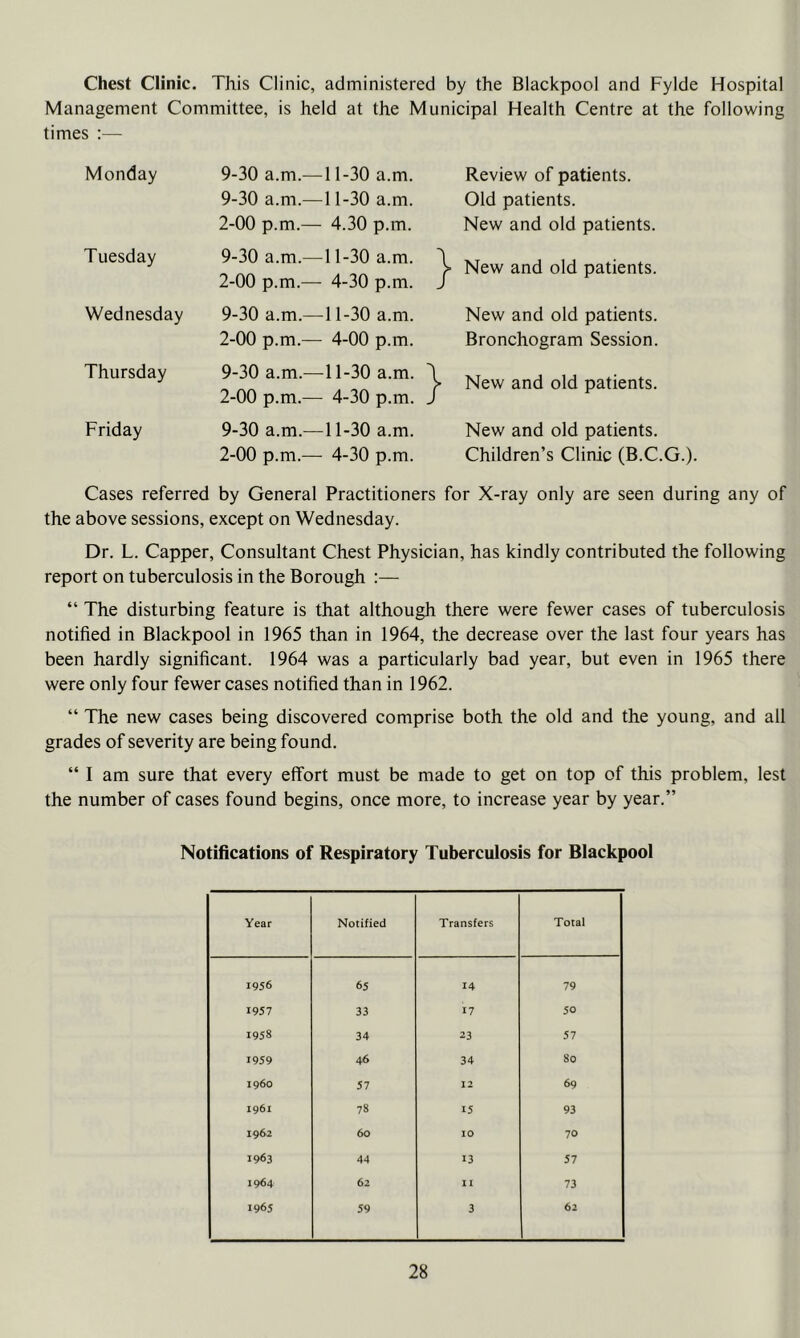 Chest Clinic. This Clinic, administered by the Blackpool and Fylde Hospital Management Committee, is held at the Municipal Health Centre at the following times ;— Monday 9-30 a.m.—11-30 a.m. 9-30 a.m.—11-30 a.m. 2-00 p.m.— 4.30 p.m. Review of patients. Old patients. New and old patients. Tuesday 9-30 a.m.—11-30 a.m. 2-00 p.m.— 4-30 p.m. New and old patients. Wednesday 9-30 a.m.—11-30 a.m. 2-00 p.m.— 4-00 p.m. New and old patients. Bronchogram Session. Thursday 9-30 a.m.—^11-30 a.m. ^ 2-00 p.m.— 4-30 p.m. J • New and old patients. Friday 9-30 a.m.—11-30 a.m. 2-00 p.m.— 4-30 p.m. New and old patients. Children’s Clinic (B.C.G.) Cases referred by General Practitioners for X-ray only are seen during any of the above sessions, except on Wednesday. Dr. L. Capper, Consultant Chest Physician, has kindly contributed the following report on tuberculosis in the Borough :— “ The disturbing feature is that although there were fewer cases of tuberculosis notified in Blackpool in 1965 than in 1964, the decrease over the last four years has been hardly significant. 1964 was a particularly bad year, but even in 1965 there were only four fewer cases notified than in 1962. “ The new cases being discovered comprise both the old and the young, and all grades of severity are being found. “ I am sure that every effort must be made to get on top of this problem, lest the number of cases found begins, once more, to increase year by year.” Notifications of Respiratory Tuberculosis for Blackpool Year Notified Transfers Total 1956 65 14 79 1957 33 17 50 1958 34 23 57 1959 46 34 80 i960 57 12 69 1961 78 15 93 1962 60 10 70 1963 44 13 57 19^4 62 II 73 1965 59 3 62