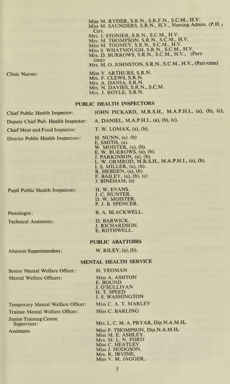 Miss M. RYDER, S.R.N., S.R.F.N., S.C.M., H.V. x/T cAiTxiT^PDQ Q R M H V Nursine Aclm Mrs. J. STONIER, S.R.N., S.C.M., H.V. Mrs. M. THOMPSON, S.R.N., S.C.M., H.V. Miss M. TOOMEY, S.R.N., S.C.M., H.V. Miss S. WHATMOUGH, S.R.N., S.C.M., H.V. Mrs. D. BURROWS, S.R.N., S.C.M., H.V., (Part- time) Mrs. M. O. JOHNSTON, S.R.N., S.C.M., H.V., (Part-time) Clinic Nurses; Miss V. ARTHURS, S.R.N. Mrs. F. CLEWS, S.R.N. Mrs. A. DANIA, S.R.N. Mrs. N. DAVIES, S.R.N., S.C.M. Mrs. J. ROYLE, S.R.N. PUBLIC HEALTH INSPECTORS Chief Public Health Inspector: JOHN PICKARD, M.R.S.H., M.A.P.H.L, (a), (b), (c), Deputy Chief Pub. Health Inspector; A. DANIEL, M.A.P.H.L, (a), (b), (c). Chief Meat and Food Inspector; T. W. LOMAX, (a), (b). District Public Health Inspectors: H. NUNN, (a), (b) E. SMITH, (a). W. MOISTER, (a), (b). E. W. BURROWS, (a), (b). J. PARKINSON, (a), (b). L. W. ORMROD, M.R.S.H., M.A.P.H.L, (a), (b). I. S. MILLER, (a), (b). R. HEBDEN, (a), (b). F. BAILEY, (a), (b), (c) J. BINEHAM, (e) Pupil Public Health Inspectors: H. W. EVANS. J. C. HUNTER. D. W. MOISTER. P. J. B. SPENCER. Pestologist: Technical Assistants: B. A. BLACKWELL. D. BARWICK. J. RICHARDSON. E. ROTHWELL. PUBLIC ABATTOIRS Abattoir Superintendent: W. RILEY, (a), (b). MENTAL HEALTH SERVICE Senior Mental Welfare Officer: Mental Welfare Officers: Temporary Mental Welfare Officer: Trainee Mental Welfare Officer: Junior Training Centre Supervisor: Assistants H. YEOMAN Miss A. ASHTON E. BOUND J. O’SULLIVAN H. T. SPEED J. S. WASHINGTON Miss C. A. T. MARLEY Miss C. BARLING Mrs. L. C. M. A. PRYAR, Dip.N.A.M.H, Miss P. THOMPSON, Dip.N.A.M.H. Miss M. E. ASHLEY. Mrs. M. L. N. FORD Miss C. HEATLEY Miss J. HODGSON. Mrs. R. IRVINE. Miss V. M. JAGGER.