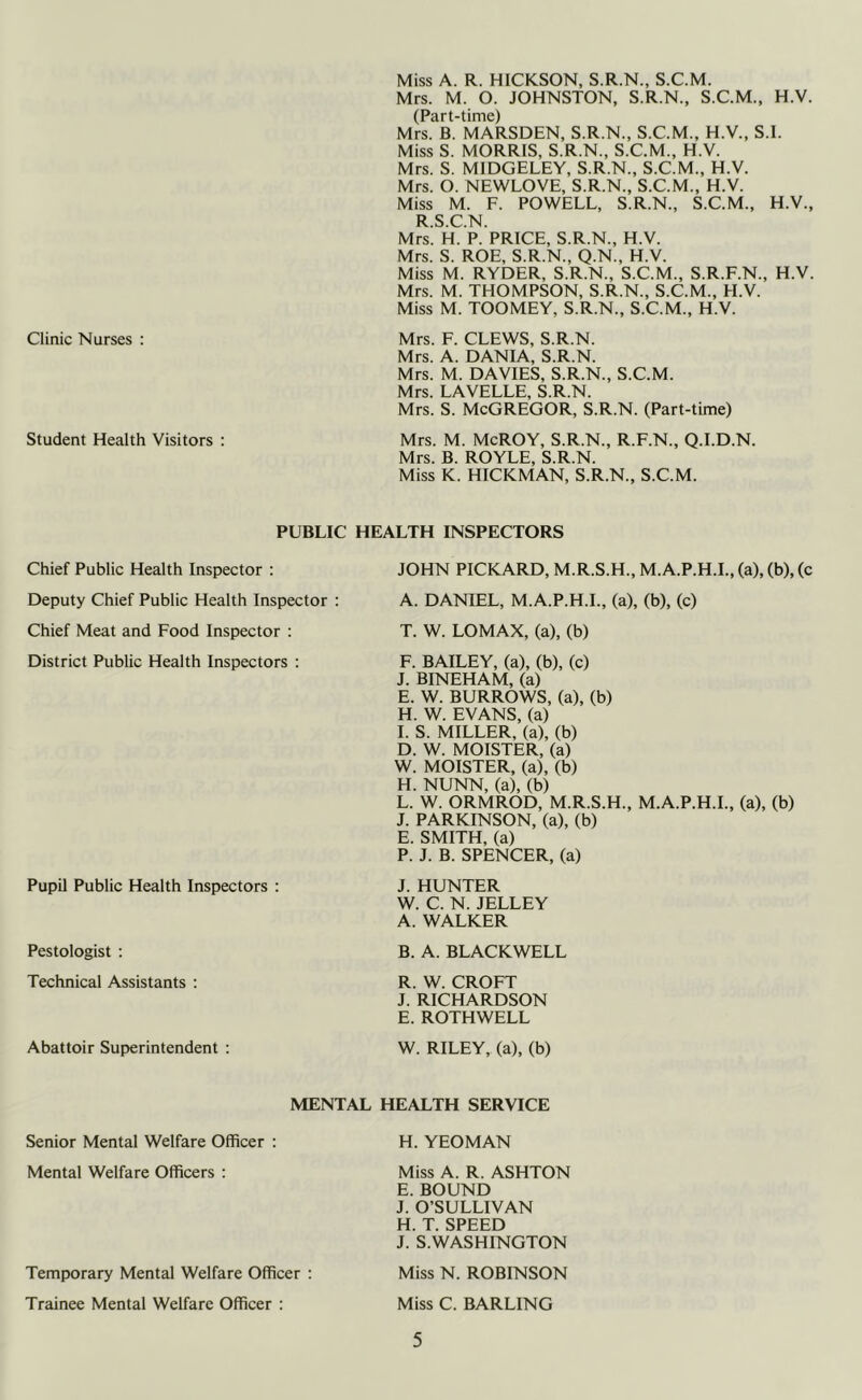 Clinic Nurses : Miss A. R. HICKSON, S.R.N., S.C.M. Mrs. M. O. JOHNSTON, S.R.N., S.C.M., H.V. (Part-time) Mrs. B. MARSDEN, S.R.N., S.C.M., H.V., S.I. Miss S. MORRIS, S.R.N., S.C.M., H.V. Mrs. S. MIDGELEY, S.R.N., S.C.M., H.V. Mrs. O. NEWLOVE, S.R.N., S.C.M., H.V. Miss M. F. POWELL, S.R.N., S.C.M., H.V., R.S.C.N. Mrs. H. P. PRICE, S.R.N., H.V. Mrs. S. ROE, S.R.N., Q.N., H.V. Miss M. RYDER, S.R.N., S.C.M., S.R.F.N., H.V. Mrs. M. THOMPSON, S.R.N., S.C.M., H.V. Miss M. TOOMEY, S.R.N., S.C.M., H.V. Mrs. F. CLEWS, S.R.N. Mrs. A. DANIA, S.R.N. Mrs. M. DAVIES, S.R.N., S.C.M. Mrs. LAVELLE, S.R.N. Mrs. S. McGREGOR, S.R.N. (Part-time) Student Health Visitors : Mrs. M. McROY, S.R.N., R.F.N., Q.I.D.N. Mrs. B. ROYLE, S.R.N. Miss K. HICKMAN, S.R.N., S.C.M. PUBLIC HEALTH INSPECTORS Chief Public Health Inspector : Deputy Chief Public Health Inspector : Chief Meat and Food Inspector : District Public Health Inspectors : JOHN PICKARD, M.R.S.H., M.A.P.H.I., (a), (b), (c A. DANIEL, M.A.P.H.I., (a), (b), (c) T. W. LOMAX, (a), (b) F. BAILEY, (a), (b), (c) J. BINEHAM, (a) E. W. BURROWS, (a), (b) H. W. EVANS, (a) I. S. MILLER, (a), (b) D. W. MOISTER, (a) W. MOISTER, (a), (b) H. NUNN, (a), (b) L. W. ORMROD, M.R.S.H., M.A.P.H.I., (a), (b) J. PARKINSON, (a), (b) E. SMITH, (a) P. J. B. SPENCER, (a) Pupil Public Health Inspectors : J. HUNTER W. C. N. JELLEY A. WALKER Pestologist : B. A. BLACKWELL Technical Assistants : R. W. CROFT J. RICHARDSON E. ROTHWELL Abattoir Superintendent : W. RILEY, (a), (b) MENTAL HEALTH SERVICE Senior Mental Welfare Officer : H. YEOMAN Mental Welfare Officers : Miss A. R. ASHTON E. BOUND J. O’SULLIVAN H. T. SPEED J. S.WASHINGTON Temporary Mental Welfare Officer : Trainee Mental Welfare Officer : Miss N. ROBINSON Miss C. BARLING