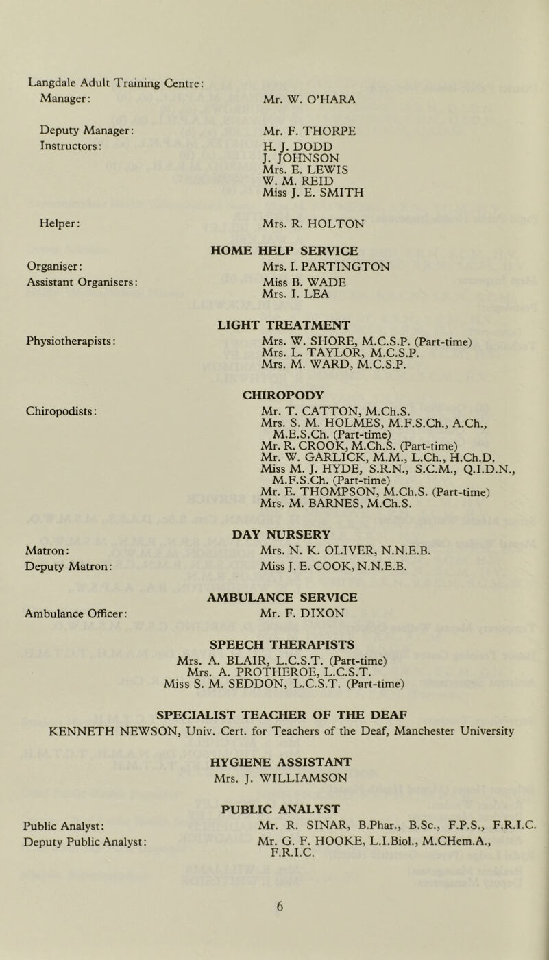 Langdale Adult Training Centre: Manager: Mr. W. O’HARA Deputy Manager: Instructors: Mr. F. THORPE H. J. DODD J. JOHNSON Mrs. E. LEWIS W. M. REID Miss J. E. SMITH Helper: Mrs. R. HOLTON Organiser: Assistant Organisers: HOME HELP SERVICE Mrs. I. PARTINGTON Miss B. WADE Mrs. I. LEA Physiotherapists: LIGHT TREATMENT Mrs. W. SHORE, M.C.S.P. (Part-time) Mrs. L. TAYLOR, M.C.S.P. Mrs. M. WARD, M.C.S.P. Chiropodists: CHIROPODY Mr. T. CATTON, M.Ch.S. Mrs. S. M. HOLMES, M.F.S.Ch., A.Ch., M.E.S.Ch. (Part-time) Mr. R. CROOK, M.Ch.S. (Part-time) Mr. W. GARLICK, M.M., L.Ch., H.Ch.D. Miss M. J. HYDE, S.R.N., S.C.M., Q.I.D.N., M.F.S.Ch. (Part-time) Mr. E. THO^^SON, M.Ch.S. (Part-time) Mrs. M. BARNES, M.Ch.S. Matron: Deputy Matron: DAY NURSERY Mrs. N. K. OLIVER, N.N.E.B. Miss J. E. COOK, N.N.E.B. Ambulance Officer: AMBULANCE SERVICE Mr. F. DIXON SPEECH THERAPISTS Mrs. A. BLAIR, L.C.S.T. (Part-time) Mrs. A. PROTHEROE, L.C.S.T. Miss S. M. SEDDON, L.C.S.T. (Part-time) SPECIALIST TEACHER OF THE DEAF KENNETH NEWSON, Univ. Cert, for Teachers of the Deaf, Manchester University Public Analyst: Deputy Public Analyst: HYGIENE ASSISTANT Mrs. J. WILLIAMSON PUBLIC ANALYST Mr. R. SINAR, B.Phar., B.Sc., F.P.S., F.R.I.C. Mr. G. F. HOOKE, L.I.Biol., M.CHem.A., F.R.I.C.