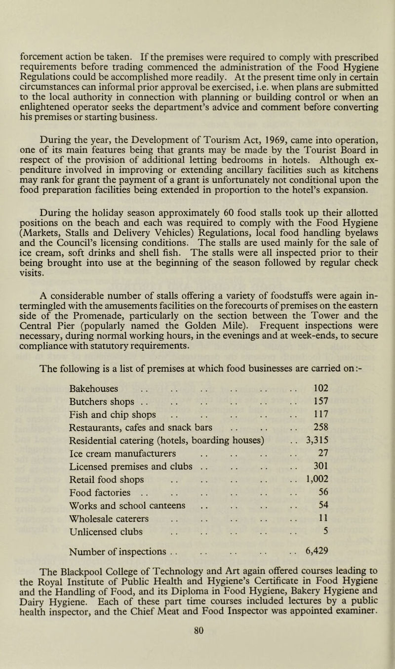 forcement action be taken. If the premises were required to comply with prescribed requirements before trading commenced the administration of the Food Hygiene Regulations could be accomplished more readily. At the present time only in certain circumstances can informal prior approval be exercised, i.e. when plans are submitted to the local authority in connection with planning or building control or when an enlightened operator seeks the department’s advice and comment before convening his premises or starting business. During the year, the Development of Tourism Act, 1969, came into operation, one of its main features being that grants may be made by the Tourist Board in respect of the provision of additional letting bedrooms in hotels. Although ex- penditure involved in improving or extending ancillary facilities such as kitchens may rank for grant the payment of a grant is unfortunately not conditional upon the food preparation facilities being extended in proportion to the hotel’s expansion. During the holiday season approximately 60 food stalls took up their allotted positions on the beach and each was required to comply with the Food Hygiene (Markets, Stalls and Delivery Vehicles) Regulations, local food handling byelaws and the Council’s licensing conditions. The stalls are used mainly for the sale of ice cream, soft drinks and shell fish. The stalls were all inspected prior to their being brought into use at the beginning of the season followed by regular check visits. A considerable number of stalls offering a variety of foodstuffs were again in- termingled with the amusements facilities on the forecourts of premises on the eastern side of the Promenade, particularly on the section between the Tower and the Central Pier (popularly named the Golden Mile). Frequent inspections were necessary, during normal working hours, in the evenings and at week-ends, to secure compliance with statutory requirements. The following is a list of premises at which food businesses are carried on :- Bakehouses 102 Butchers shops .. 157 Fish and chip shops 117 Restaurants, cafes and snack bars . . 258 Residential catering (hotels, boarding houses) .. 3,315 Ice cream manufacturers 27 Licensed premises and clubs .. 301 Retail food shops .. 1,002 Food factories .. . . 56 Works and school canteens 54 Wholesale caterers . 11 Unlicensed clubs 5 Number of inspections .. .. 6,429 The Blackpool College of Technology and Art again offered courses leading to the Royal Institute of Public Health and Hygiene’s Certificate in Food Hygiene and the Handling of Food, and its Diploma in Food Hygiene, Bakery Hygiene and Dairy Hygiene. Each of these part time courses included lectures by a public health inspector, and the Chief Meat and Food Inspector was appointed examiner.