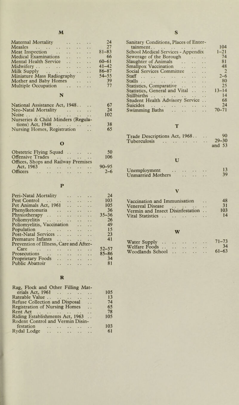 M S Maternal Mortality 24 Measles 27 Meat Inspection 81-83 Medical Examinations 66 Mental Health Service 60-61 Midwifery 41-42 Milk Supply 86-87 Miniature Mass Radiography . . 54-55 Mother and Baby Homes .... 39 Multiple Occupation 77 N National Assistance Act, 1948.. .. 67 Neo-Natal Mortality 24 Noise 102 Nurseries & Child Minders (Regula- tions) Act, 1948 38 Nursing Homes, Registration .. 65 O Obstetric Flying Squad 50 Offensive Trades 106 Offices, Shops and Railway Premises Act, 1963 ■ 90-95 Officers 2-6 P Peri-Natal Mortality 24 Pest Control 103 Pet Animals Act, 1961 105 Phenylketonuria 36 Physiotherapy 35-36 Poliomyelitis 26 Poliomyelitis, Vaccination .... 49 Population 15 Post-Natal Services 23 Premature Infants 41 Prevention of Illness, Care and After- Care 52-57 Prosecutions 85-86 Proprietary Foods 34 Public Abattoir 81 Sanitary Conditions, Places of Enter- tainment 104 School Medical Services - Appendix 1 -21 Sewerage of the Borough .... 74 Slaughter of Animals 81 Smallpox Vaccination 48 Social Services Committee .... 2 Staff 2-6 Stalls 80 Statistics, Comparative 25 Statistics, General and Vital .. .. 13-14 Stillbirths 14 Student Health Advisory Service . . 68 Suicides 24 Swimming Baths 70-71 T Trade Descriptions Act, 1968. ... 90 Tuberculosis 29-30 and 53 U Unemployment 13 Unmarried Mothers 39 V Vaccination and Immunisation . . 48 Venereal Disease . . 31 Vermin and Insect Disinfestation .. 103 Vital Statistics 14 W Water Supply 71-73 Welfare Foods 34 Woodlands School 61-63 R Rag, Flock and Other Filling Mat- erials Act, 1961 Rateable Value Refuse Collection and Disposal Registration of Nursing Homes Rent Act Riding Establishments Act, 1963 .. Rodent Control and Vermin Disin- festation Rydal Lodge 105 13 74 65 78 105 103 61