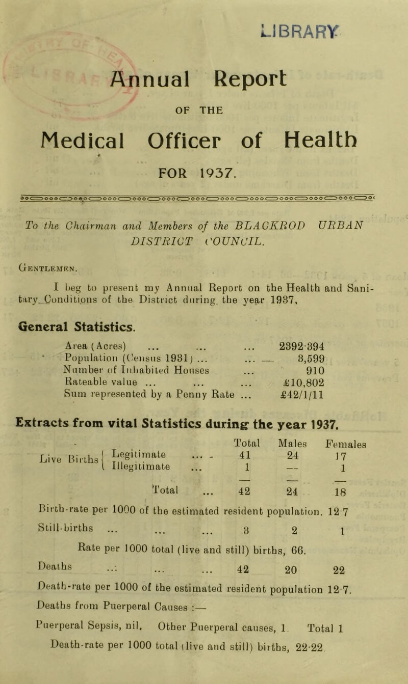 LIBRARY Annual Report OF THE Medical Officer of Health « FOR 1937. To the Chairman and Members of the BLACKROD URBAN DISTRICT COUNCIL. OuNTLEMtON. I l)eg to present my Annual Report on the Health and Sani- tary^Conditions of the District dining the year 1937, General Statistics. Area (Acres) * Population (Peiisus 1931) ... Number of Inhabited Houses Rateable value ... Sum represented by a Penny Rate 2392-394 3,599 910 il0,802 £42/1/11 Extracts from vital Statistics during' the year 1937. Total Males Legitimate ... . 41 24 Illegitimate ... 1 — Total ... 42 24 Birth-rate per 1000 of the estimated resident population. Still-births ... ... ... g 2 Rate per 1000 total (live and still) births, 66. Live Births Females 17 1 18 12 7 I ••• ... ... 42 20 22 Death-rate per 1000 of the estimated resident population 12 7 Deaths from Puerperal Causes :— Puerperal Sepsis, nil. Other Puerperal causes, 1 Total 1 Death-rate per 1000 total (live and still) births, 22-22
