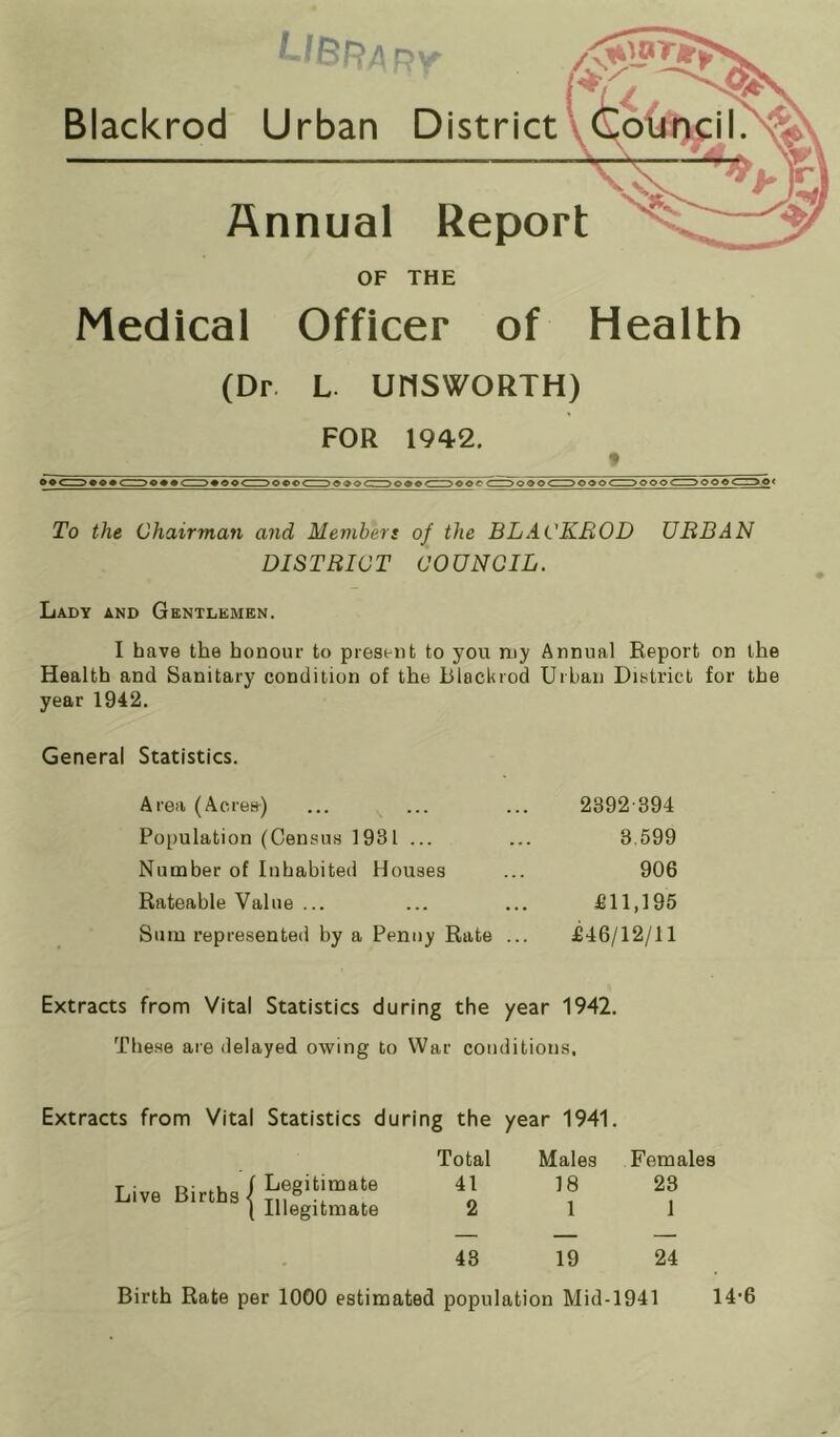 IB R/\ p y Blackrod Urban District Council. Annual Report OF THE Medical Officer of Health (Dr. L. UtlSWORTH) FOR 1942. * • + Soocc^o9oci>o»ocz>ooocz>ooocz>o< To the Chairman and Members of the BLACKROD URBAN DISTRICT COUNCIL. Lady and Gentlemen. I have the honour to present to you my Annual Report on the Health and Sanitary condition of the Blackrod Urban District for the year 1942. General Statistics. Area (Acrea) ... ... ... 2392 394 Population (Census 1931 ... ... 3.599 Number of Inhabited Houses ... 906 Rateable Value ... ... ... £11,195 Sum represented by a Penny Rate ... £46/12/11 Extracts from Vital Statistics during the year 1942. These are delayed owing to War conditions, Extracts from Vital Statistics during the year 1941. Total Males Females Legitimate 41 18 23 Illegitimate 2 1 1 43 19 24 Birth Rate per 1000 estimated population Mid-1941 14'6