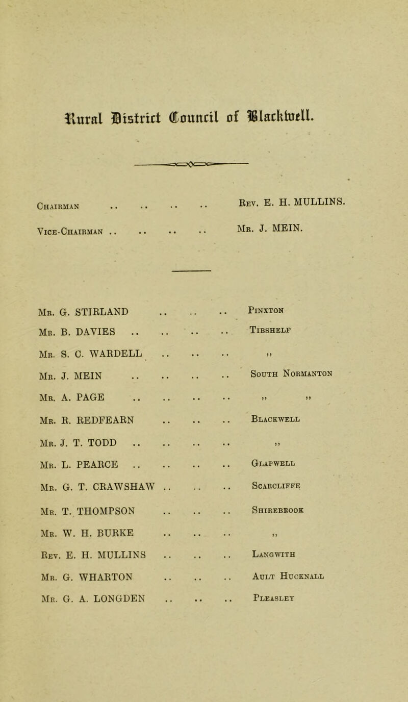 fUiral district Council of IBlackfaull Chairman .. .. •• •• ^EVi E. H. MULLINS. Vice-Chairman .. .. .. • • Mr. J- MEIN. Mr. G. STIELAND PlNXTON Mr. B. DAVIES •• Tibshelf Mr. S. C. WARDELL •• n Mr. J. MEIN South Normanton Mr. A. PAGE II II Mr. E. REDFEARN Blackwell Mr. J. T. TODD II Mr. L. PEARCE .. Glapwell Mr. G. T. CRAW SHAW .. SCARCLIFFE Mr. T. THOMPSON SniREBROOK Mr. W. H. BURKE II Rev. E. H. MULLINS Lang with Mr. G. WHARTON Ault Hucknall Mr. G. A. LONGDEN , , .. Pleasley