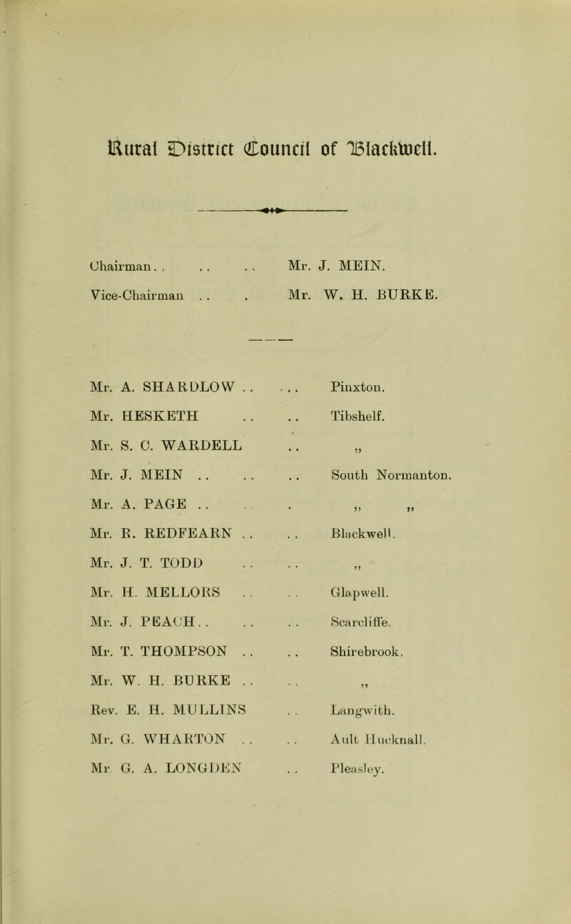 Eural JMsttict Council of TBlacktocll Chairman., .. .. Mr. J. MEIN. Vice-Chairman . . . Mr. W. H. BURKE. Mr. A. SHARDLOW .. Mr. HESKETH Mr. S. 0. WARDELL Mr. J. MEIN . . Mr. A. PAGE . . Mr. B. REDFEARN . . Mr. J. T. TODU Mr. H. MELLORS Mr. J. PEACH.. Mr. T. THOMPSON . . Mr. VV. H. BURKE .. Rev. E. H. MULLINS Mr. G. WHARTON . . Mr G. A. LONGDEN . Pinxtou. Tibshelf. South Normanton. >> Blackwell. Gla.pwell. Search fie. Shirebrook, Langwith. Ault llucknall. Plea.slcy.