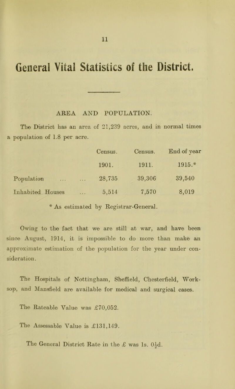 General Vital Statistics of the District. AREA AND POPULATION. The District has an area of 21,239 acres, and in normal times a population of 1.8 per acre. Census. Census. End of year 1901. 1911. 1915 * Population 28,735 39,306 39,540 Inhabited Houses 5,514 7,570 8,019 * As estimated by Registrar- ■General. Owing to the fact that we are still at war, and have been since August, 1914, it is impassible to do more than make an approximate estimation of the population for the year under con- sideration . The Hospitals of Nottingham, Sheffield, Chesterfield, Work- sop, and Mansfield are available for medical and surgical cases. The Rateable Value was £70,052. The Assessable Value is £131,149. The General District Rate in the £ was Is. Old.