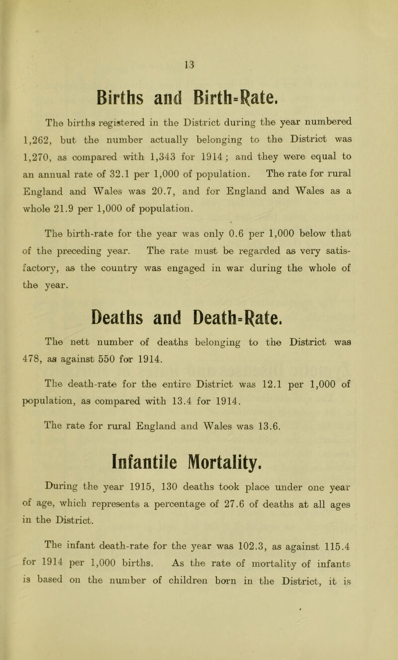 Births and Birth* Rate. The births registered in the District during the year numbered 1,262, but the number actually belonging to the District was 1,270, as compared with 1,343 for 1914; and they were equal to an annual rate of 32.1 per 1,000 of population. The rate for rural England and Wales was 20.7, and for England and Wales as a whole 21.9 per 1,000 of population. The birth-rate for the year was only 0.6 per 1,000 below that of the preceding year. The rate must be regarded as very satis- factory, as the country was engaged in war during the whole of the year. Deaths and Death* Rate. The nett number of deaths belonging to the District was 478, as against 550 for 1914. The death-rate for the entire District was 12.1 per 1,000 of population, as compared with 13.4 for 1914. The rate for rural England and Wales was 13.6. Infantile Mortality. During the year 1915, 130 deaths took place under one year of age, which represents a percentage of 27.6 of deaths at all ages in the District. The infant death-rate for the year was 102.3, as against 115.4 for 1914 per 1,000 births. As the rate of mortality of infants is based on the number of children born in the District, it is