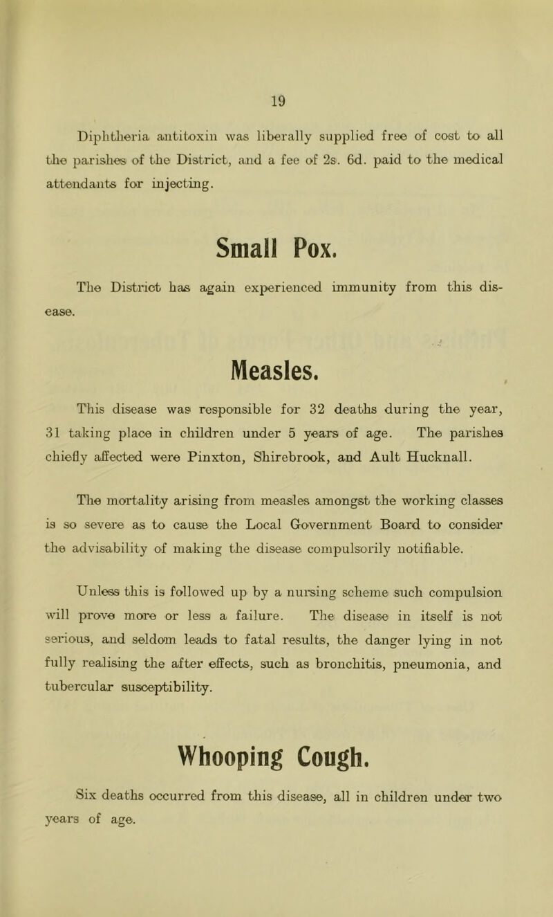 Diphtheria antitoxin was liberally supplied free of cost to all the parishes of the District, and a fee of 2s. 6d. paid to the medical attendants for injecting. Small Pox. The District has again experienced immunity from this dis- ease. Measles. This disease was responsible for 32 deaths during the year, 31 taking place in children under 5 years of age. The parishes chiefly affected were Pinxton, Shirebrook, and Ault Hucknall. The mortality arising from measles amongst the working classes is so severe as to cause the Local Government Board to consider the advisability of making the disease compulsorily notifiable. Unless this is followed up by a nursing scheme such compulsion will prove more or less a failure. The disease in itself is not serious, and seldom leads to fatal results, the danger lying in not fully realising the after effects, such as bronchitis, pneumonia, and tubercular susceptibility. Whooping Cough. Six deaths occurred from this disease, all in children under two years of age.