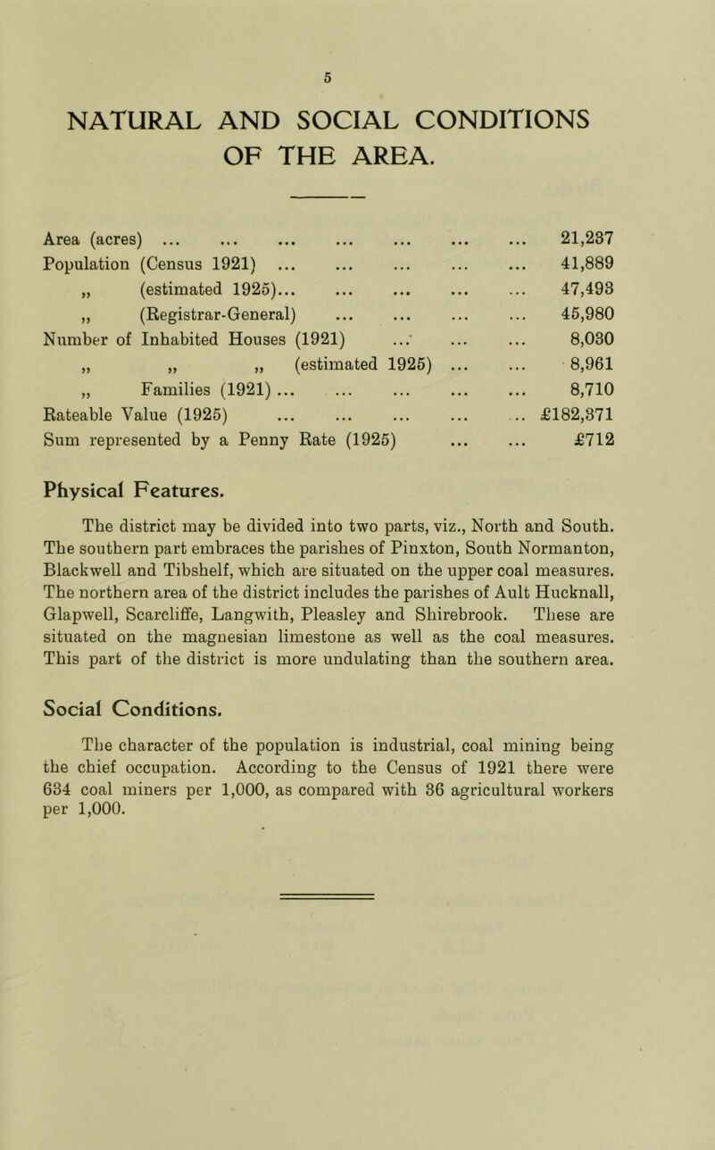 NATURAL AND SOCIAL CONDITIONS OF THE AREA. Area (acres) ... ... Population (Census 1921) „ (estimated 1925)... „ (Registrar-General) Number of Inhabited Houses (1921) „ „ ,, (estimated 1925) „ Families (1921) ... Rateable Value (1925) Sum represented by a Penny Rate (1925) 21,237 41,889 47,493 45,980 8,030 8,961 8,710 £182,871 £712 Physical Features. The district may be divided into two parts, viz.. North and South. The southern part embraces the parishes of Pinxton, South Normanton, Blackwell and Tibshelf, which are situated on the upper coal measures. The northern area of the district includes the parishes of Ault Hucknall, Glapwell, Scarcliffe, Langwith, Pleasley and Shirebrook. These are situated on the magnesian limestone as well as the coal measures. This part of the district is more undulating than the southern area. Social Conditions. The character of the population is industrial, coal mining being the chief occupation. According to the Census of 1921 there were 634 coal miners per 1,000, as compared with 36 agricultural workers per 1,000.