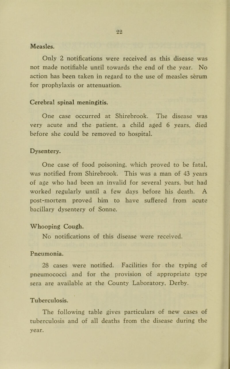 Measles. Only 2 notifications were received as this disease was not made notifiable until towards the end of the year. No action has been taken in regard to the use of measles serum for prophylaxis or attenuation. Cerebral spinal meningitis. One case occurred at Shirebrook. The disease was very acute and the patient, a child aged 6 years, died before she could be removed to hospital. Dysentery. One case of food poisoning, which proved to be fatal, was notified from Shirebrook. This was a man of 43 years of age who had been an invalid for several years, but had worked regularly until a few days before his death. A post-mortem proved him to have suffered from acute bacillary dysentery of Sonne. Whooping Cough. No notifications of this disease were received. Pneumonia. 28 cases were notified. Facilities for the typing of pneumococci and for the provision of appropriate type sera are available at the County Laboratory, Derby. Tuberculosis. The following table gives particulars of new cases of tuberculosis and of all deaths from the disease during the year.