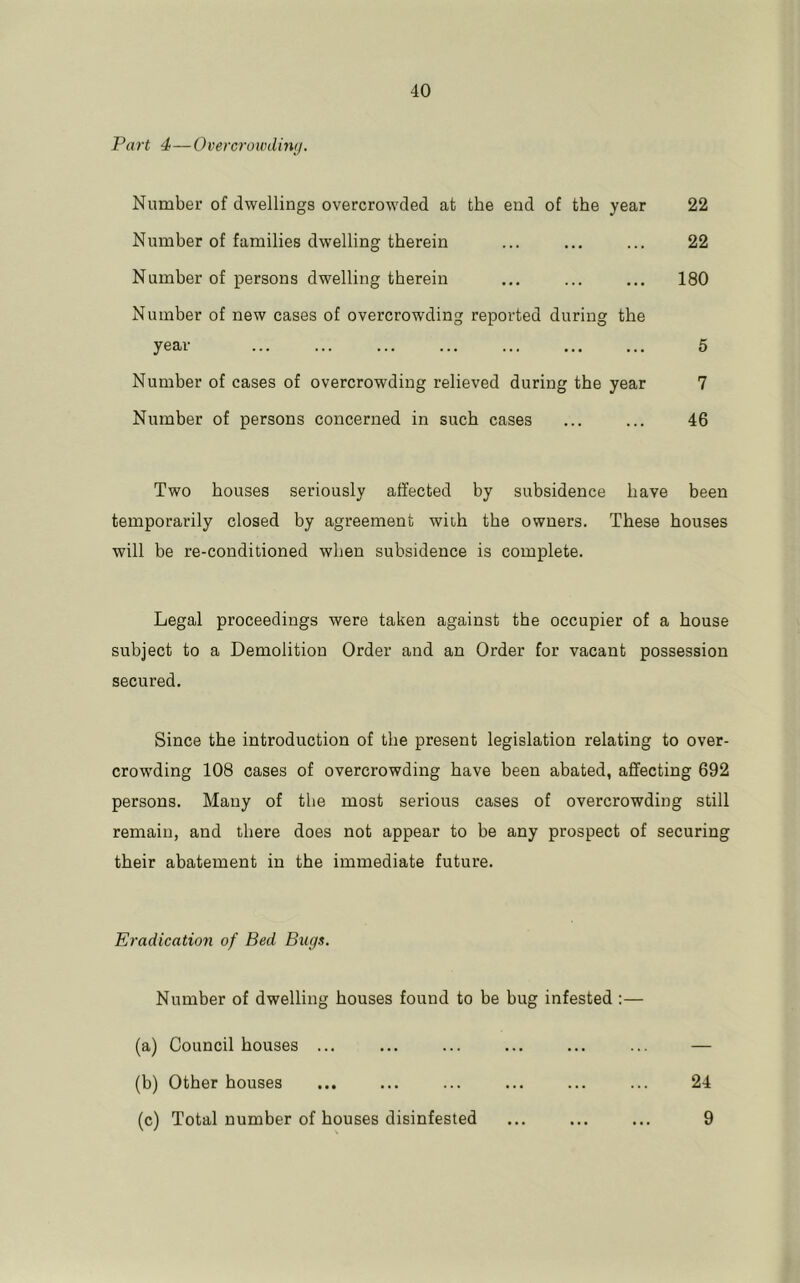 Part 4—Overcrowdinij. Number of dwellings overcrowded at the end of the year 22 Number of families dwelling therein ... ... ... 22 Number of persons dwelling therein ... ... ... 180 Number of new cases of overcrowding reported during the year 5 Numher of cases of overcrowding relieved during the year 7 Number of persons concerned in such cases ... ... 46 Two houses seriously affected by subsidence have been temporarily closed by agreement with the owners. These houses will be re-conditioned when subsidence is complete. Legal proceedings were taken against the occupier of a house subject to a Demolition Order and an Order for vacant possession secured. Since the introduction of the present legislation relating to over- crowding 108 cases of overcrowding have been abated, affecting 692 persons. Many of the most serious cases of overcrowding still remain, and there does not appear to be any prospect of securing their abatement in the immediate future. Eradication of Bed Bugs. Number of dwelling houses found to be bug infested ;— (a) Council houses ... ... ... ... ... ... — (b) Other houses ... ... ... ... ... ... 24 (c) Total number of houses disinfested ... ... ... 9