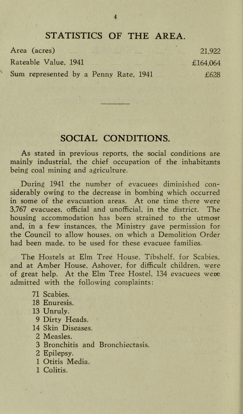 STATISTICS OF THE AREA. Area (acres) Rateable Value, 1941 Sum represented by a Penny Rate, 1941 £164,064 £628 21,922 SOCIAL CONDITIONS. As stated in previous reports, the social conditions are mainly industrial, the chief occupation of the inhabitants being' coal mining and agriculture. During 1941 the number of evacuees diminished con- siderably owing to the decrease in bombing which occurred in some of the evacuation areas. At one time there were 3,767 evacuees, official and unofficial, in the district. The housing accommodation has been strained to the utmost and, in a few instances, the Ministry gave permission for the Council to allow houses, on which a Demolition Order had been made, to be used for these evacuee families. The Hostels at Elm Tree House. Tibshelf, for Scabies, and at Amber House, Ashover, for difficult children, were of great help. At the Elm Tree Hostel, 134 evacuees weDe admitted with the following complaints: 71 Scabies. 18 Enuresis. 13 Unruly. 9 Dirty Heads. 14 Skin Diseases. 2 Measles. 3 Bronchitis and Bronchiectasis. 2 Epilepsy. 1 Otitis Media. 1 Colitis.