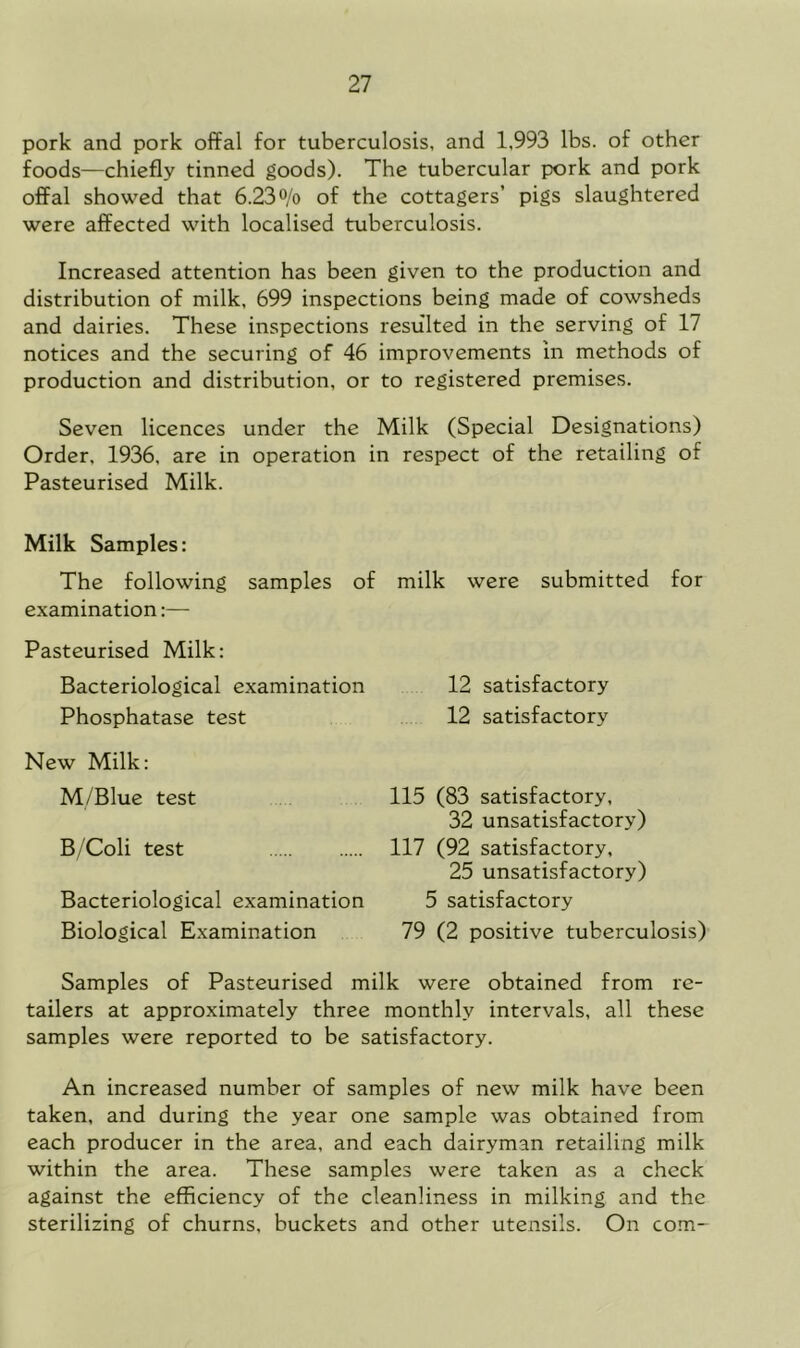 pork and pork ofFal for tuberculosis, and 1,993 lbs. of other foods—chiefly tinned goods). The tubercular pork and pork offal showed that 6.23 o/o of the cottagers’ pigs slaughtered were afFected with localised tuberculosis. Increased attention has been given to the production and distribution of milk, 699 inspections being made of cowsheds and dairies. These inspections resulted in the serving of 17 notices and the securing of 46 improvements in methods of production and distribution, or to registered premises. Seven licences under the Milk (Special Designations) Order, 1936, are in operation in respect of the retailing of Pasteurised Milk. Milk Samples: The following samples of milk were submitted for examination:— Pasteurised Milk: Bacteriological examination Phosphatase test New Milk: M/Blue test B/Coli test Bacteriological examination Biological Examination 12 satisfactory 12 satisfactory 115 (83 satisfactory, 32 unsatisfactory) 117 (92 satisfactory, 25 unsatisfactory) 5 satisfactory 79 (2 positive tuberculosis) Samples of Pasteurised milk were obtained from re- tailers at approximately three monthly intervals, all these samples were reported to be satisfactory. An increased number of samples of new milk have been taken, and during the year one sample was obtained from each producer in the area, and each dairyman retailing milk within the area. These samples were taken as a check against the efficiency of the cleanliness in milking and the sterilizing of churns, buckets and other utensils. On com-
