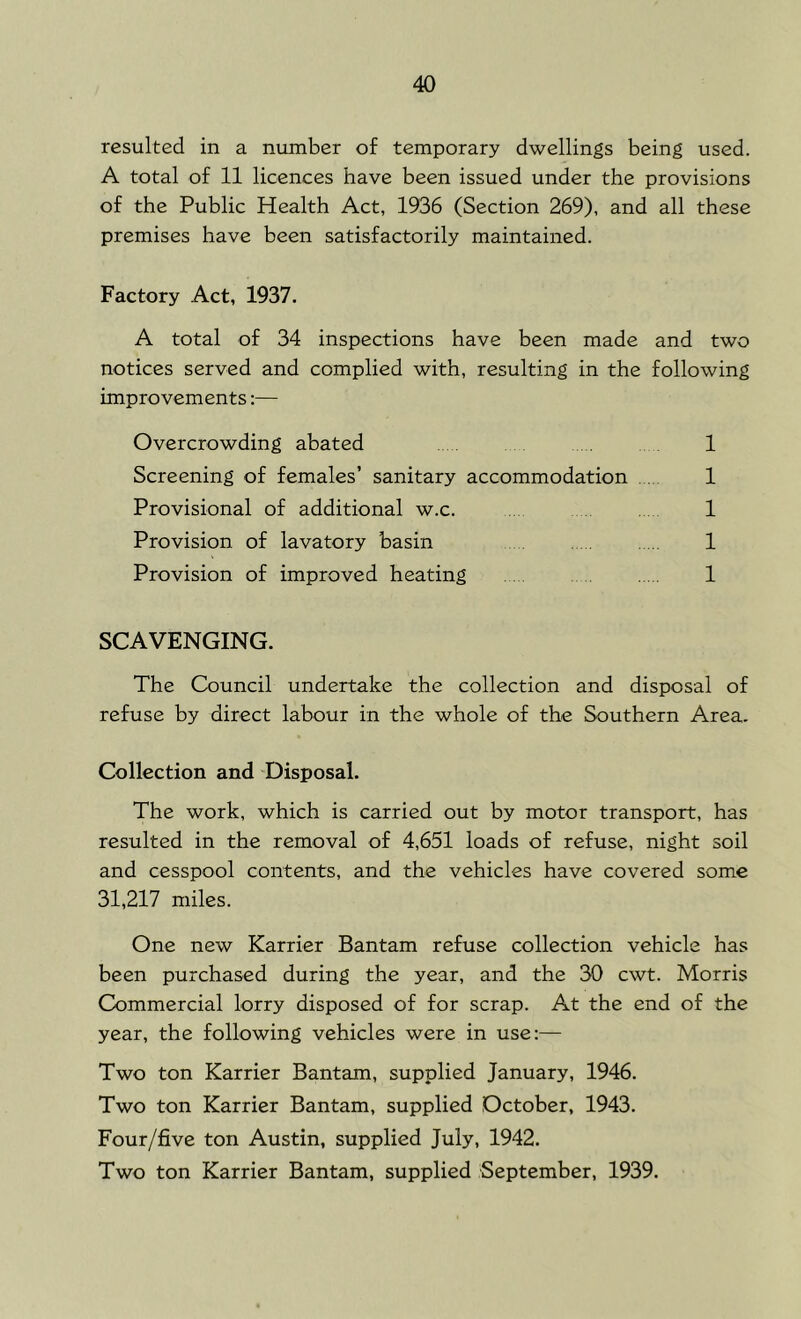 resulted in a number of temporary dwellings being used. A total of 11 licences have been issued under the provisions of the Public Health Act, 1936 (Section 269), and all these premises have been satisfactorily maintained. Factory Act, 1937. A total of 34 inspections have been made and two notices served and complied with, resulting in the following improvements:— Overcrowding abated 1 Screening of females’ sanitary accommodation 1 Provisional of additional w.c. 1 Provision of lavatory basin 1 Provision of improved heating 1 SCAVENGING. The Council undertake the collection and disposal of refuse by direct labour in the whole of the Southern Area. Collection and Disposal. The work, which is carried out by motor transport, has resulted in the removal of 4,651 loads of refuse, night soil and cesspool contents, and the vehicles have covered some 31,217 miles. One new Karrier Bantam refuse collection vehicle has been purchased during the year, and the 30 cwt. Morris Commercial lorry disposed of for scrap. At the end of the year, the following vehicles were in use:— Two ton Karrier Bantam, supplied January, 1946. Two ton Karrier Bantam, supplied October, 1943. Four/five ton Austin, supplied July, 1942. Two ton Karrier Bantam, supplied September, 1939.